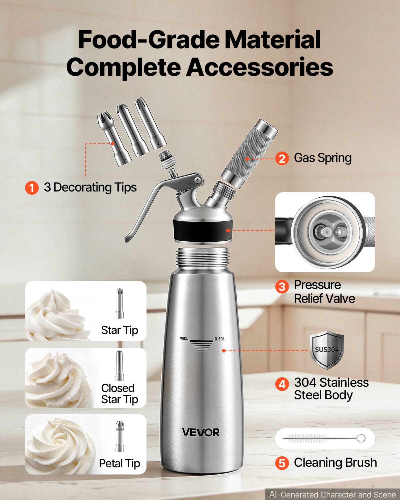 Food-Grade Material Complete Accessories

1. 3 Decorating Tips
2. Gas Spring
3. Pressure Relief Valve
4. 304 Stainless Steel Body
5. Cleaning Brush

Star Tip
Closed Star Tip
Petal Tip

max. 0.50L
SUS304

VEVOR

AI-Generated Character and Scene