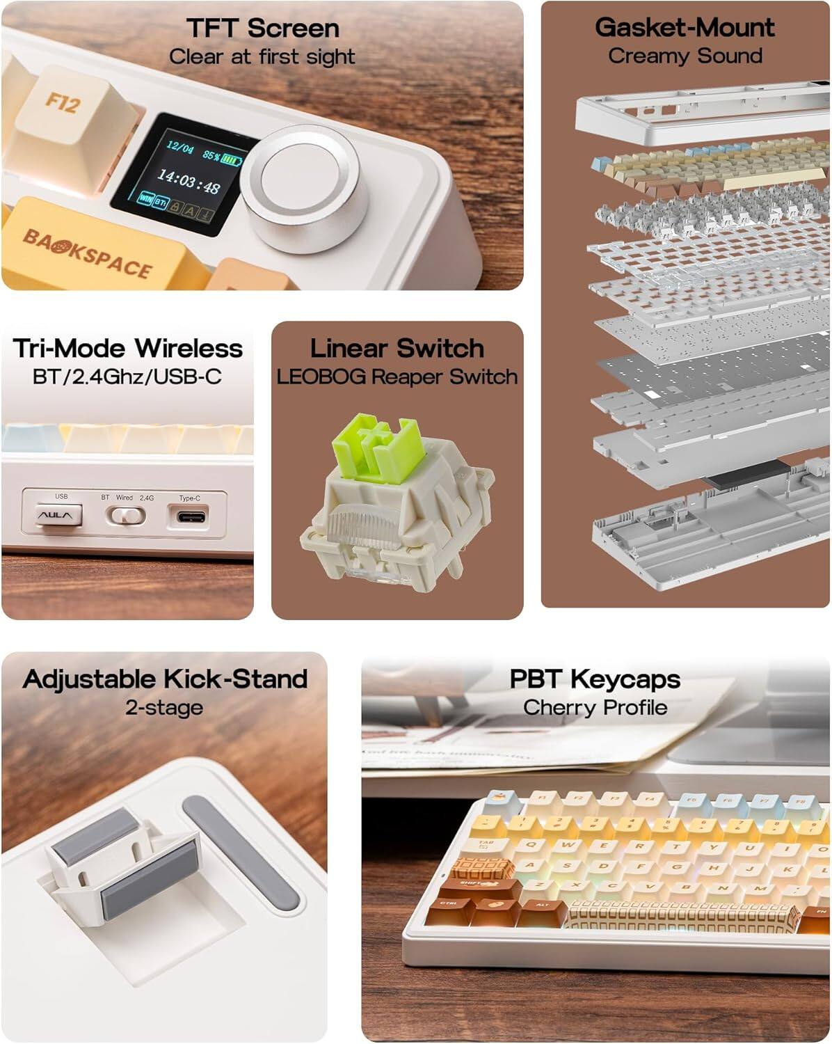F12 TFT Screen Clear at first sight Gasket-Mount Creamy Sound 12/04 85% S 14:03:48 97 A A  B BAOKSPACE Tri-Mode Wireless Linear Switch BT/2.4Ghz/USB-C LEOBOG Reaper Switch UNA ST Wined 240 T-C AULA Adjustable Kick-Stand 2-stage PBT Keycaps Cherry Profile