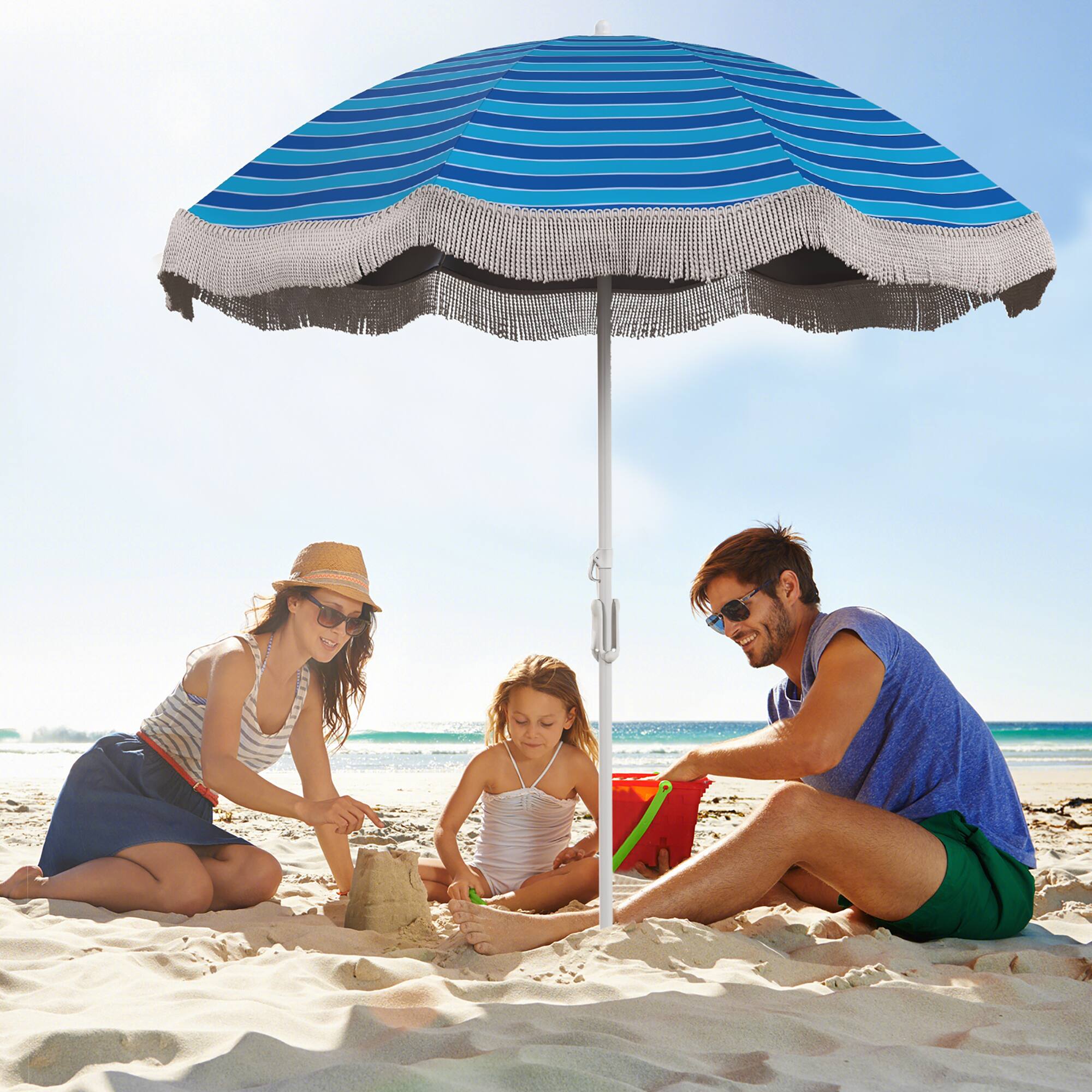 Alt View 1. Gymax - Gymax 6.5 FT Beach Umbrella w/ Fringe Tassel Umbrella w/ Push Button Tilt Sand Anchor Navy Blue - Navy Blue.