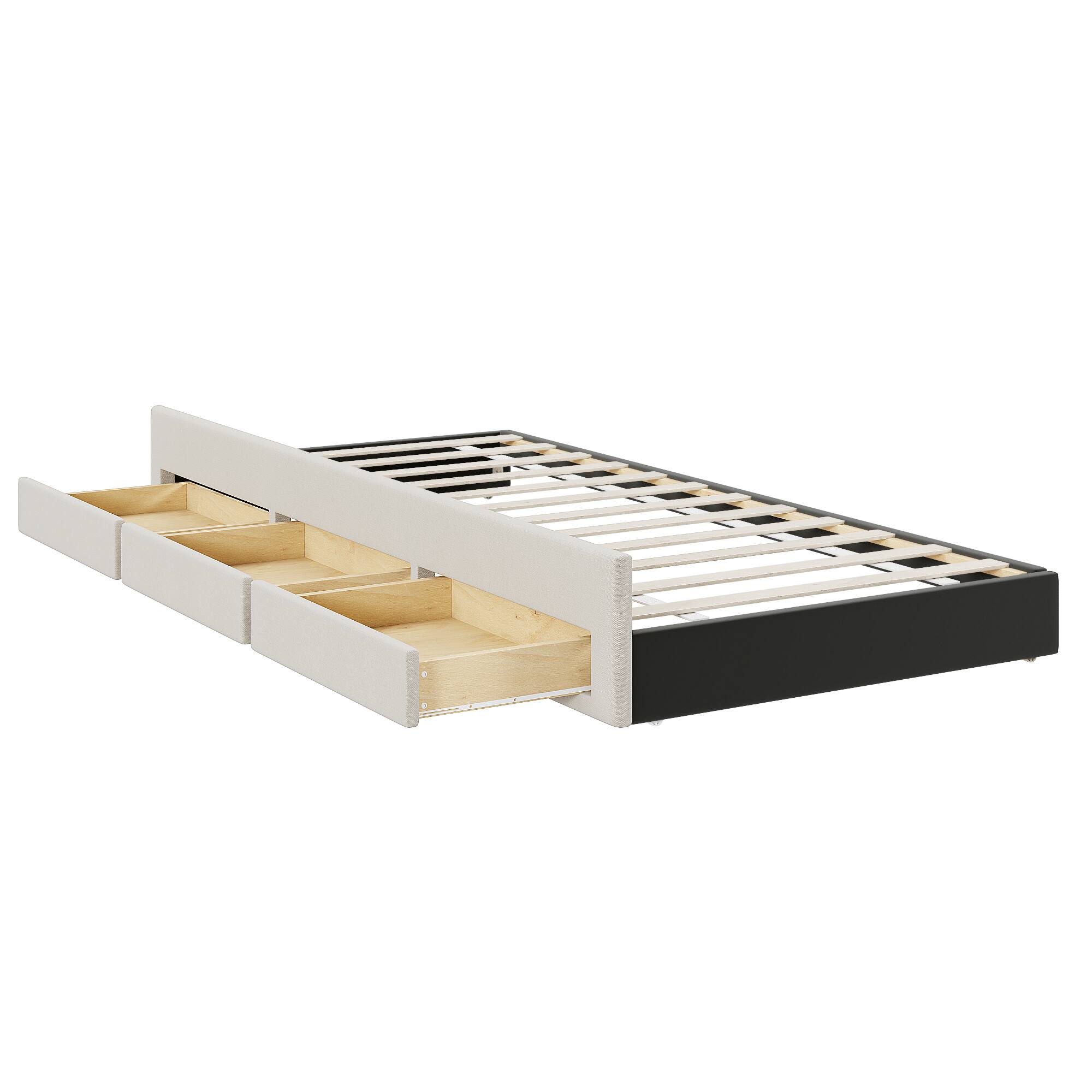 Alt View 6. Tiramisubest - Full Size Upholstered Platform Bed with Twin Size Trundle and 3 Drawers, Linen Fabric, Beige - Beige.
