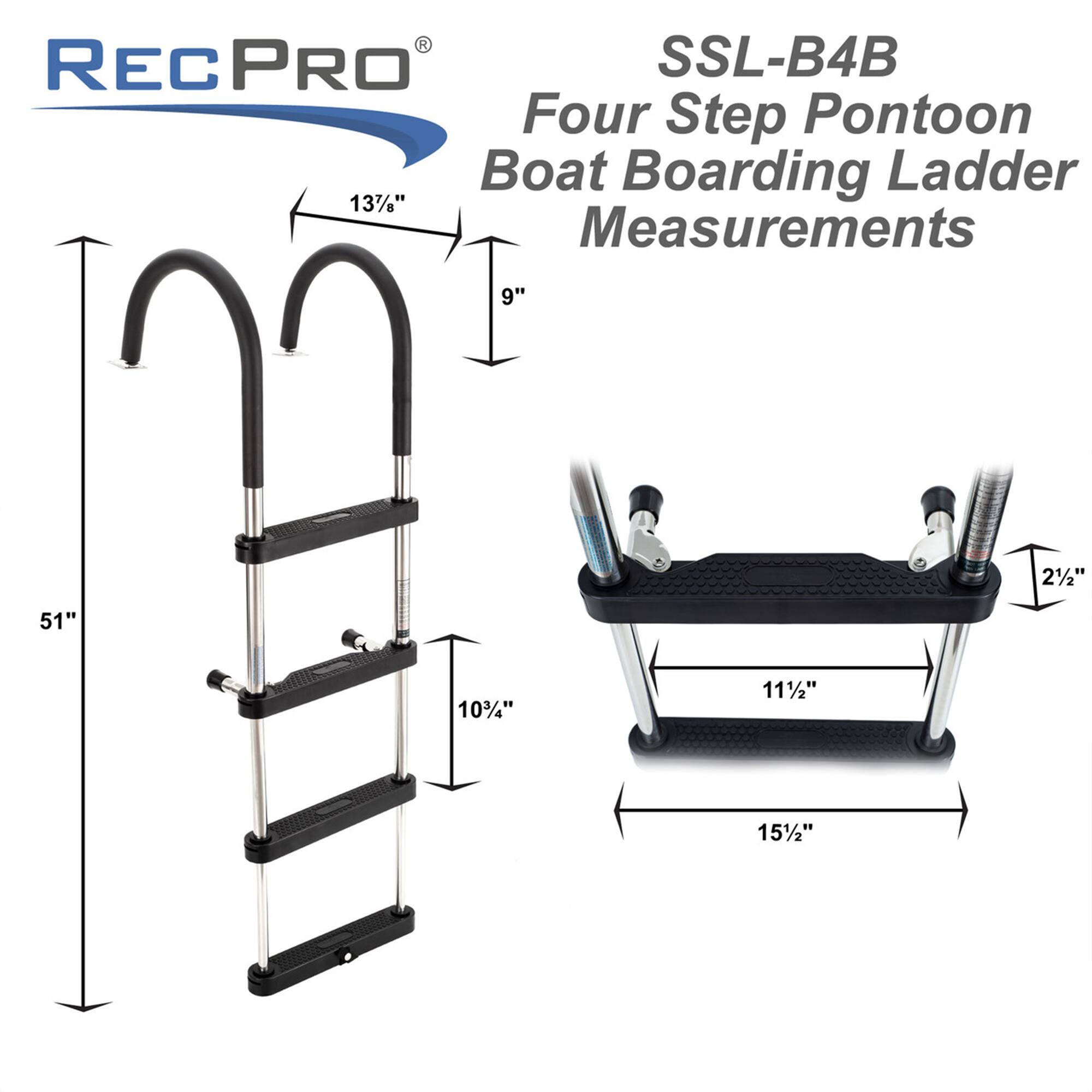 RECPRO SSL-B4B Four Step Pontoon Boat Boarding Ladder  
Measurements:  
- 13 7/8"  
- 9"  
- 51"  
- 10 3/4"  
- 11 1/2"  
- 15 1/2"  
- 2 1/2"