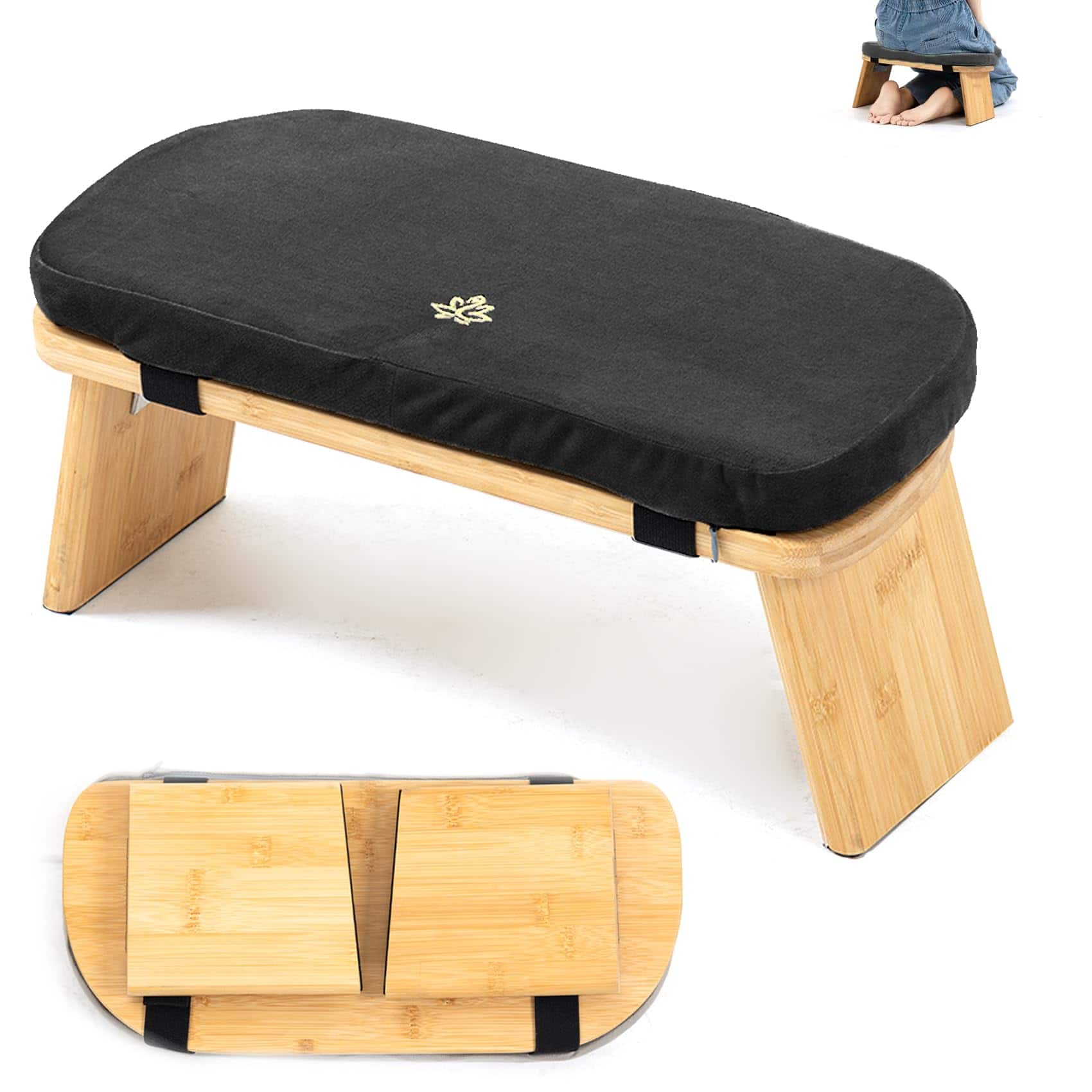 JETRANSPORT - Meditation Bench Stool Folding Kneeling Seiza Prayer With Cushion (beige) - Black