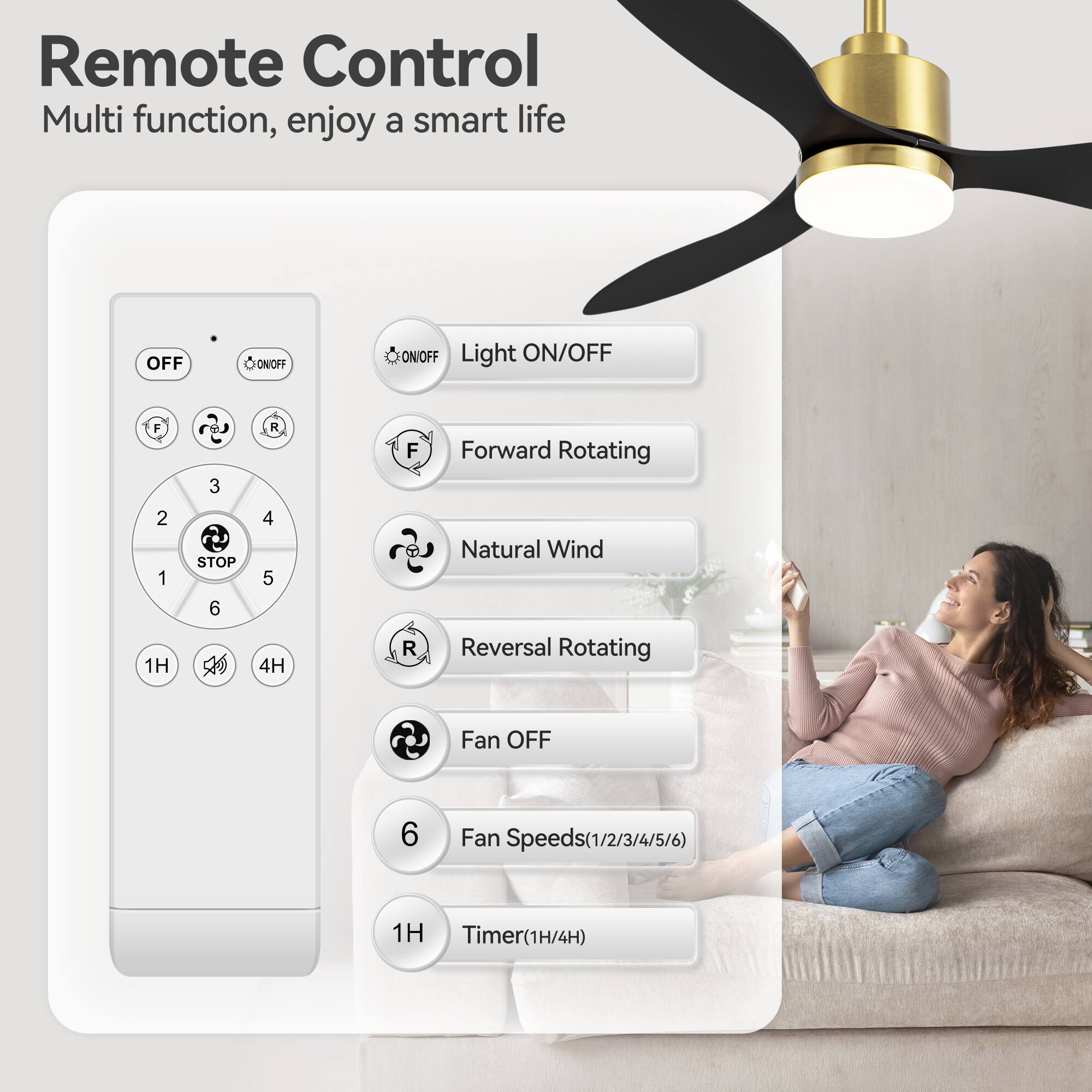 Remote Control Multi function, enjoy a smart life

- Light ON/OFF
- Forward Rotating
- Natural Wind
- Reversal Rotating
- Fan OFF
- Fan Speeds (1/2/3/4/5/6)
- Timer (1H/4H)