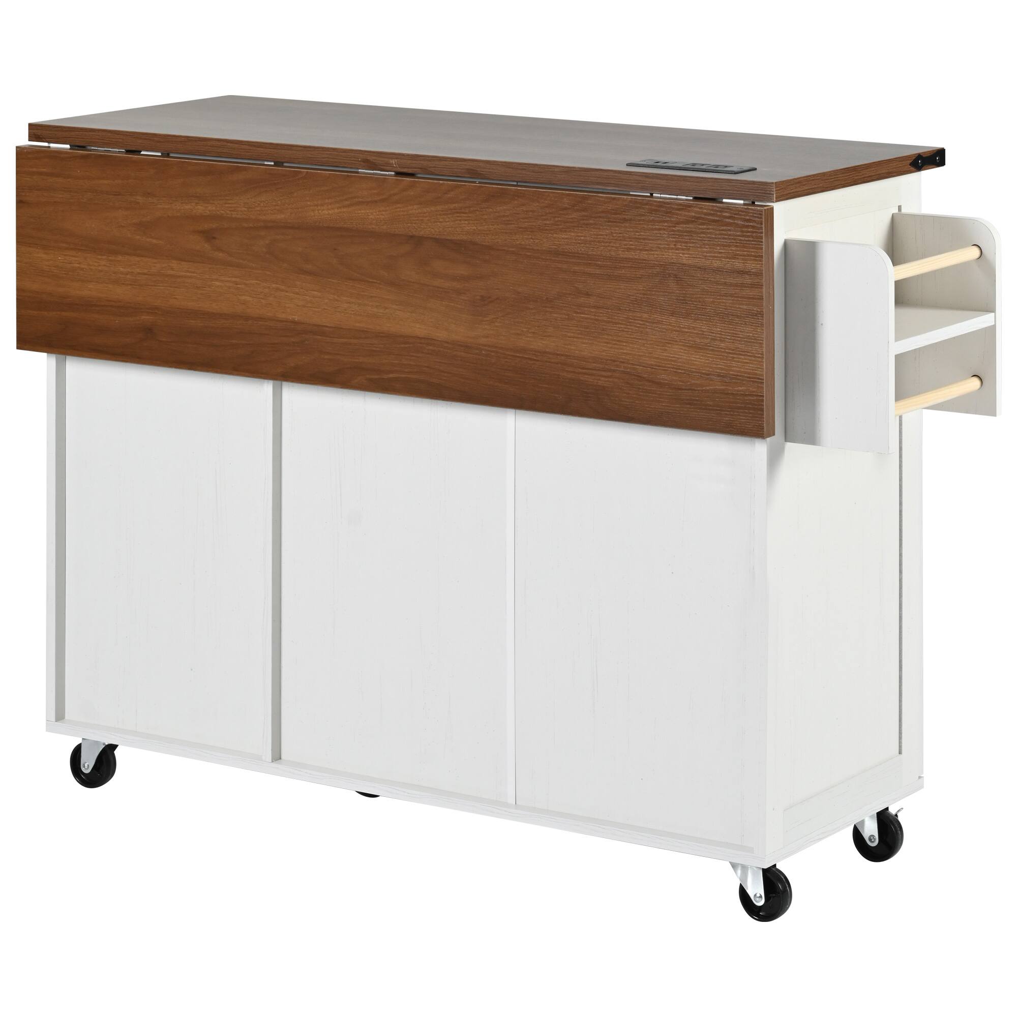 Alt View 7. PexFix - 54.5" Farmhouse Kitchen Island Cart with Built-in Power Outlet, Drop Leaf and Rolling Casters - White.