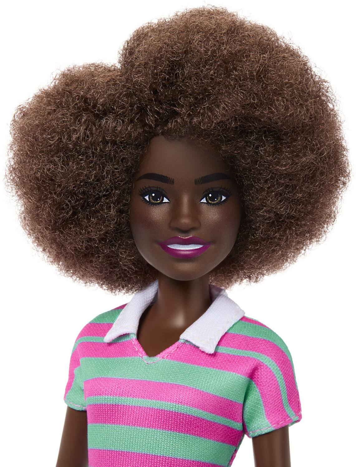 Alt View 2. Mattel - Mattel - Barbie Fashionistas Doll #247 With Pink And Green Striped Dress, Curly Black Hair   - COLLECTIBLES - Multicolor.