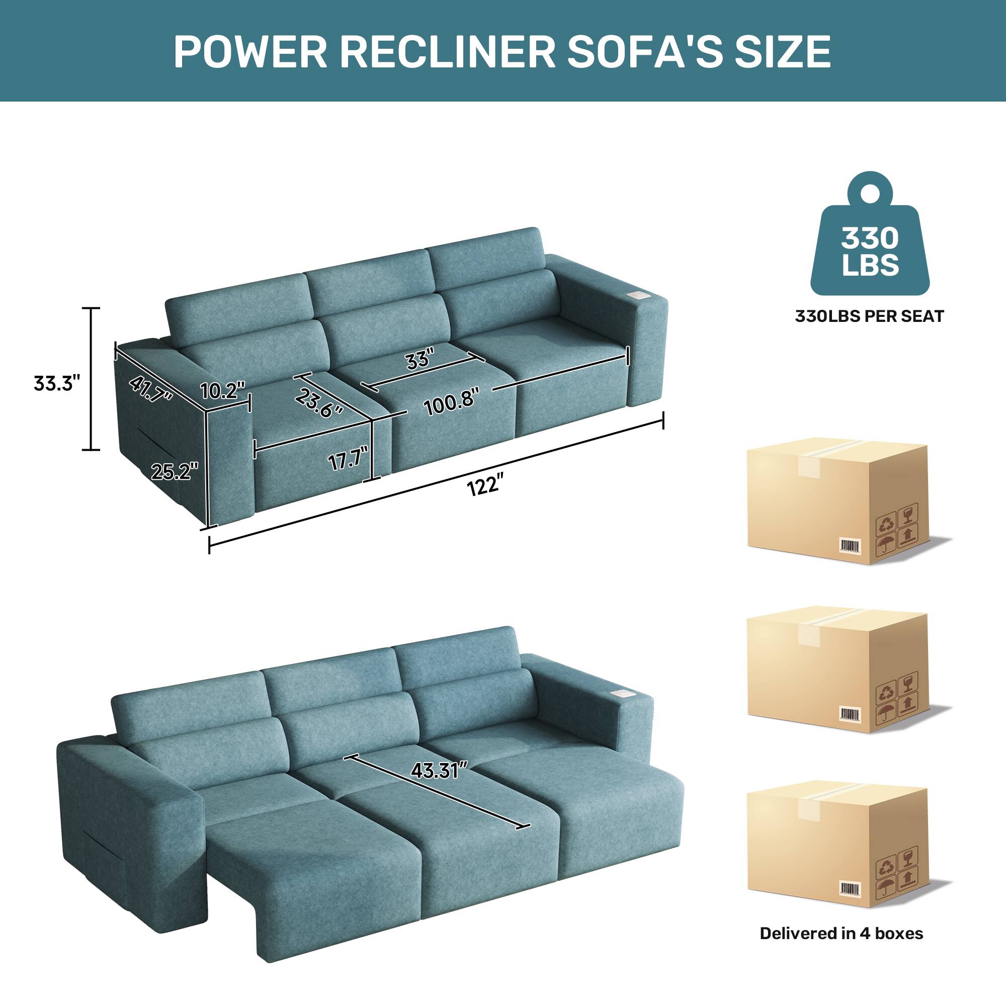 POWER RECLINER SOFA'S SIZE

330 LBS
33.3"
41.7" 10.2" 25.2"
33" 23.6" 100.8" 17.7") 122"
330LBS PER SEAT
43.31"
Delivered in 4 boxes