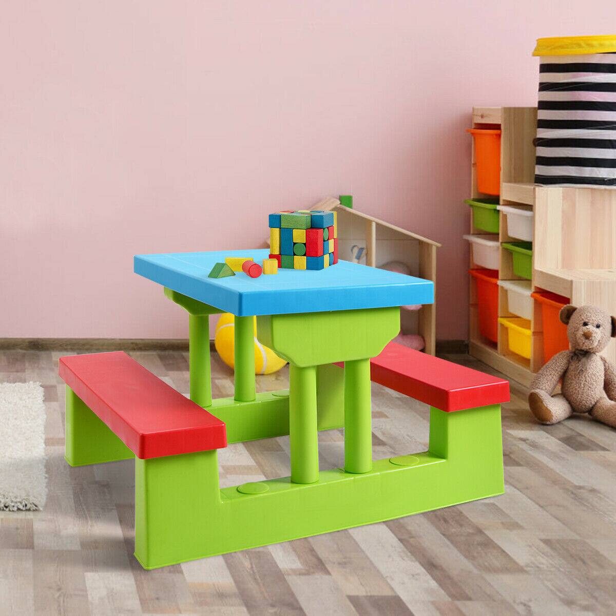 Alt View 1. Costway - Costway 4 Seat Kids Picnic Table with Umbrella Garden Children Bench Outdoor PP - Green,Red,Blue.