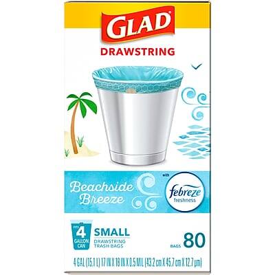 GLAD DRAWSTRING  
Beachside Breeze  
Febreze freshness  

4 SMALL GALLON CAN DRAWSTRING TRASH BAGS  
80 BAGS  

4 GAL (15.1 L)  
17 IN X 18 IN X 0.5 MIL (43.2 CM X 45.7 CM X 12.7 µM)