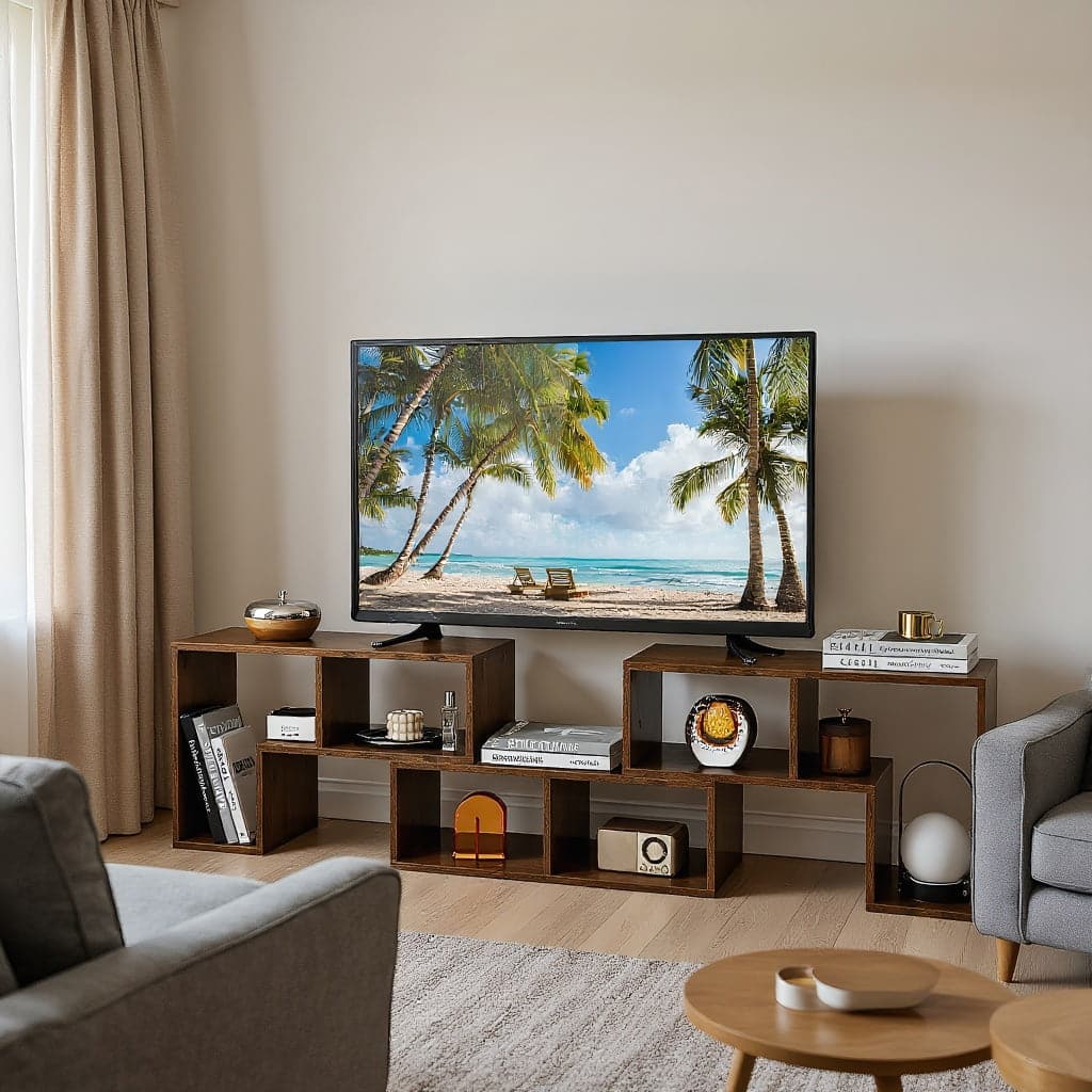 Kadyn - 3 Pieces Console TV Stand for TVs up to 65 Inch with Shelves- Mid Century Modern TV Stand for Living Room Bedroom - Brown