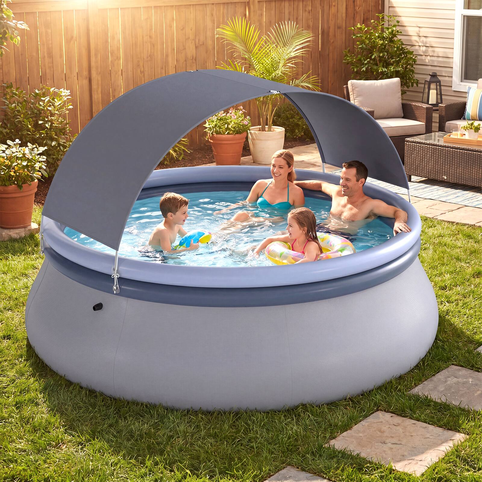 Alt View 4. Costway - Costway Outdoor Inflatable Pool, Round Blow Up Pool with Sunshade Canopy for Adults - Blue + Gray.