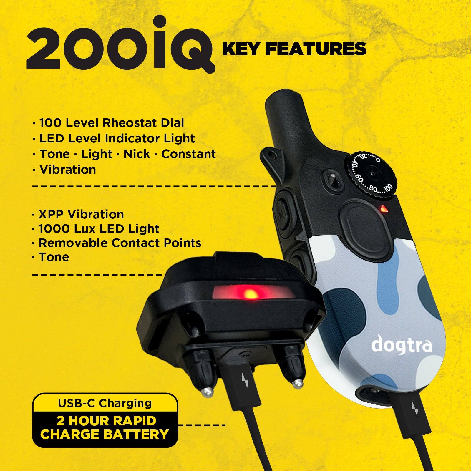 200iQ KEY FEATURES

- 100 Level Rheostat Dial
- LED Level Indicator Light
- Tone - Light - Nick - Constant Vibration
- XPP Vibration
- 1000 Lux LED Light
- Removable Contact Points
- Tone

USB-C Charging
2 HOUR RAPID CHARGE BATTERY