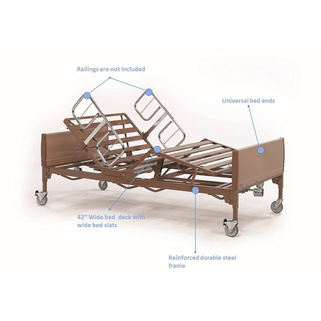 Railings are not included.  
Universal bed ends.  
42" Wide bed deck with wide bed slats.  
Reinforced durable steel frame.