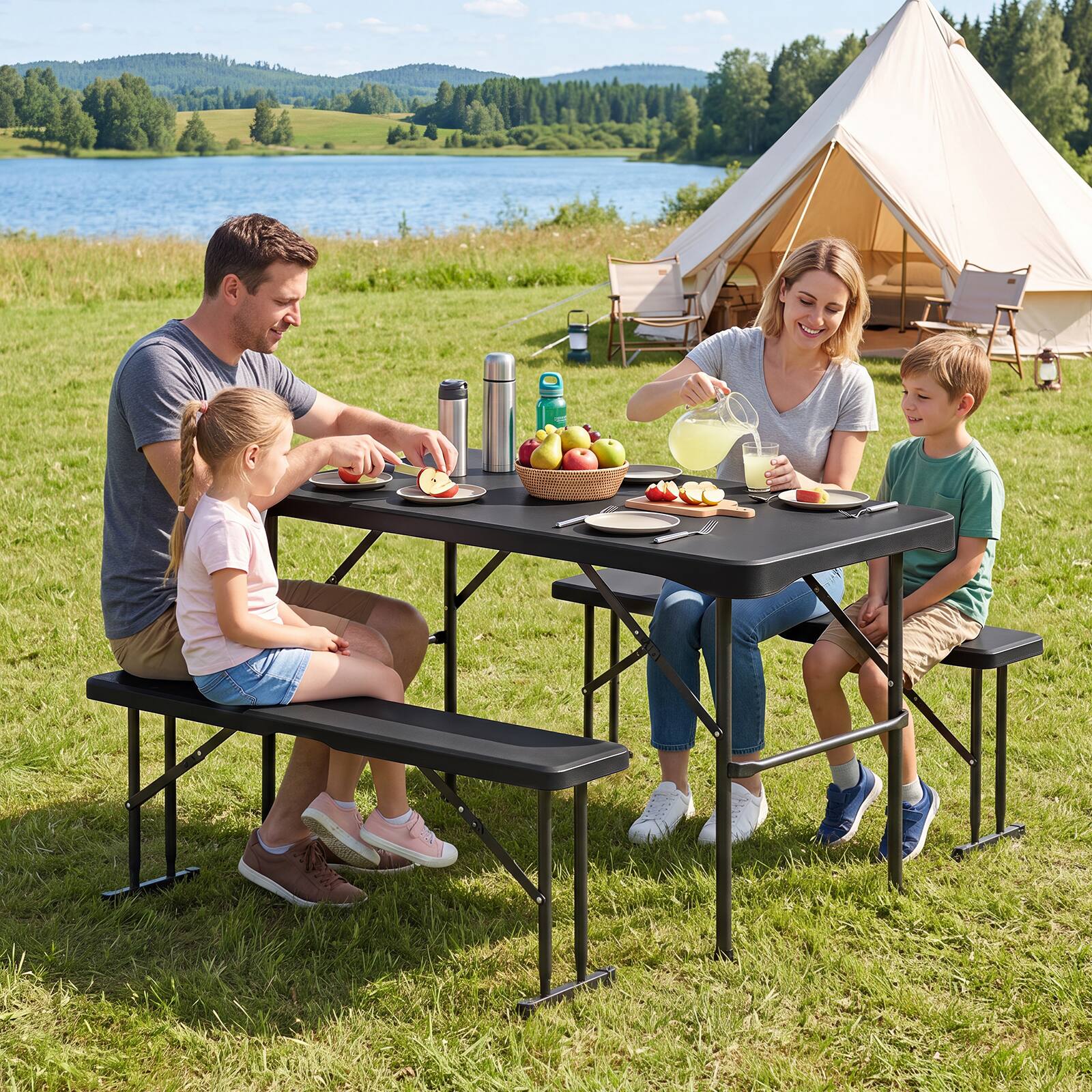 Alt View 3. Gymax - Gymax Outdoor Table Bench Set Folding Picnic Table Set w/ 2 Benches Sturdy Metal Frame - Black.