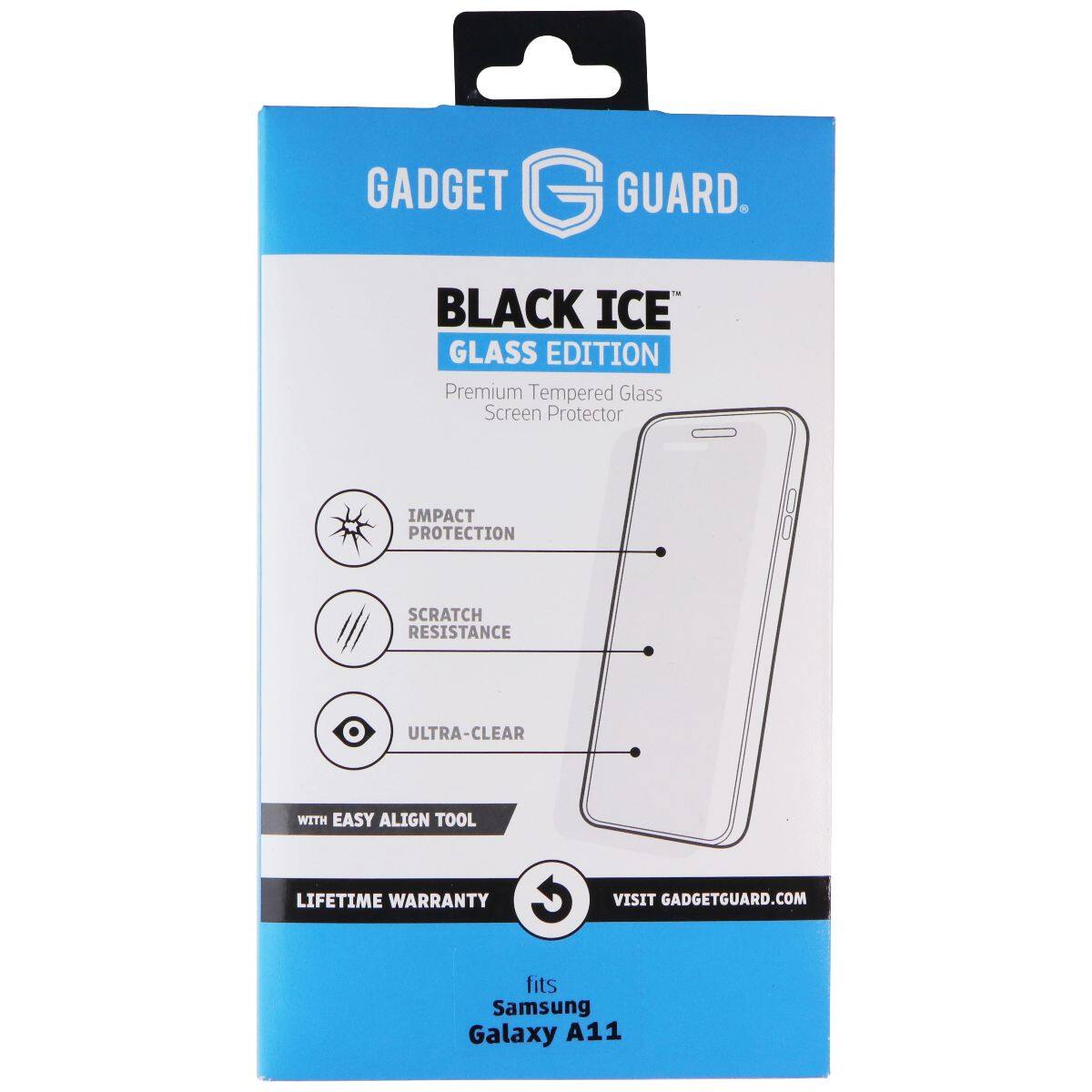 GADGET GUARD. BLACK ICE GLASS EDITION Premium Tempered Glass Screen Protector IMPACT PROTECTION SCRATCH RESISTANCE ULTRA-CLEAR WITH EASY ALIGN TOOL LIFETIME WARRANTY VISIT GADGETGUARD.COM fits Samsung Galaxy A11