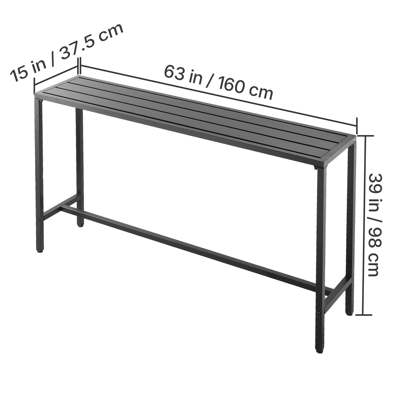 - Length: 63 in / 160 cm
- Width: 15 in / 37.5 cm
- Height: 39 in / 98 cm