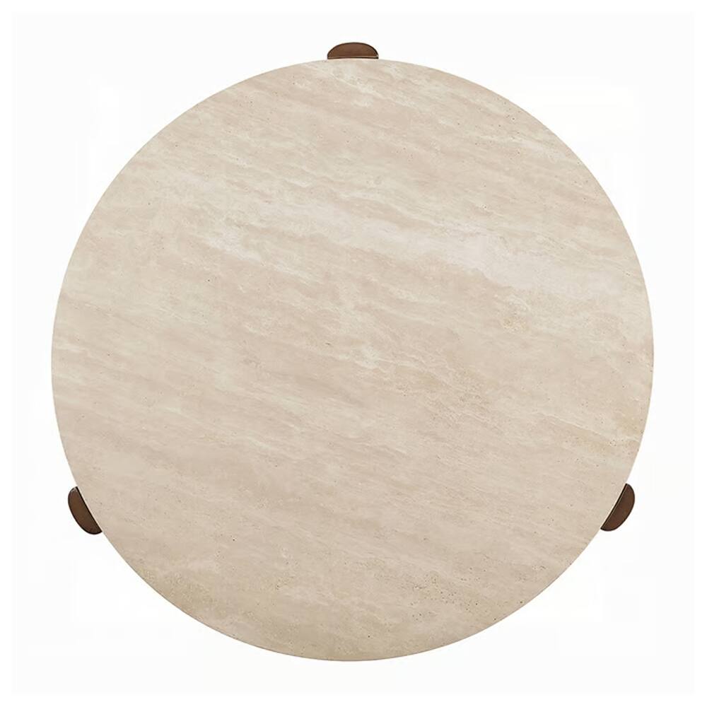 Alt View 3. Manhattan Lane - Hery Side End Table, 22 Inch Round Travertine Top, Dark Oak Brown Legs - Beige, Dark Oak Brown.