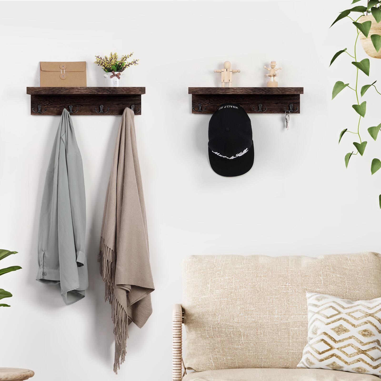 Alt View 2. Oumilen - 2 Pack Dark Coffee Wood Floating Coat Hook Shelf, Wall Mount Entryway Organizer with 4 Black Double Prong Hooks - Brown.