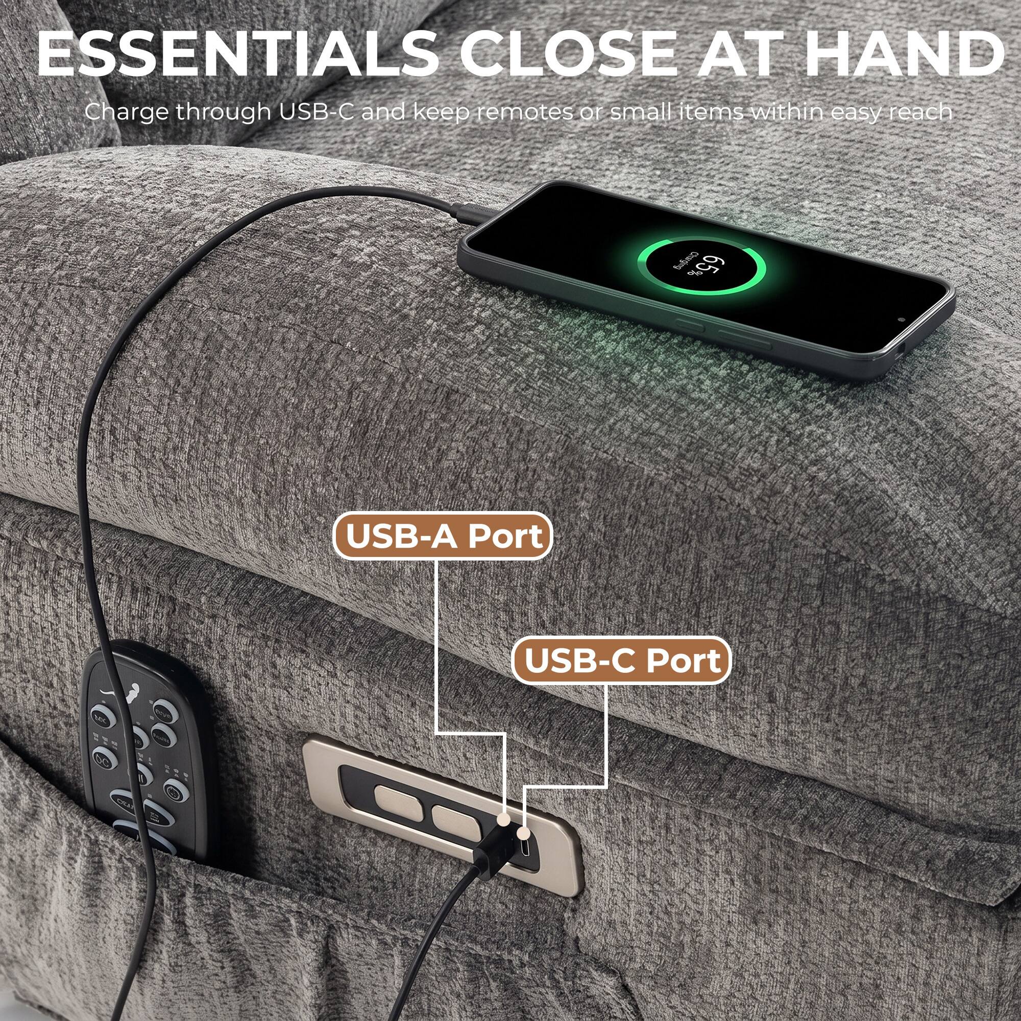 ESSENTIALS CLOSE AT HAND  
Charge through USB-C and keep remotes or small items within easy reach

Charging 65%

USB-A Port  
USB-C Port