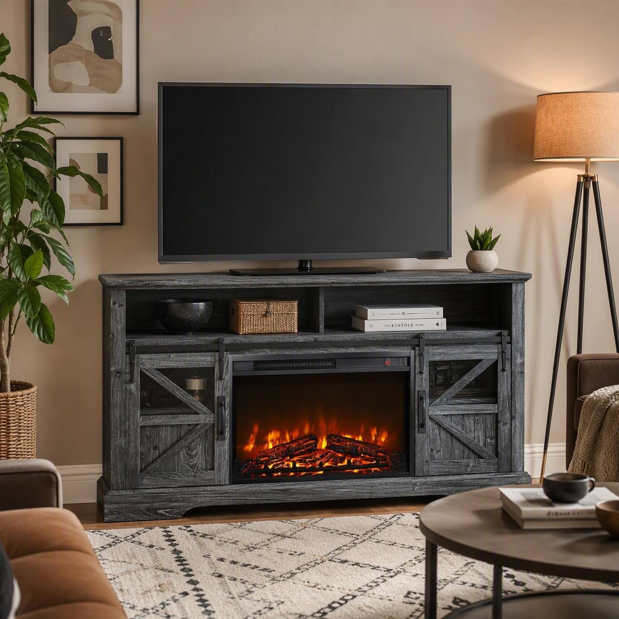 Left. RYHNUYNE - 26 Inch Ultra Thin Electric Fireplace Insert Heater, Log Set Realistic Flame Remote Timer Overheat Protection - Antique Black.