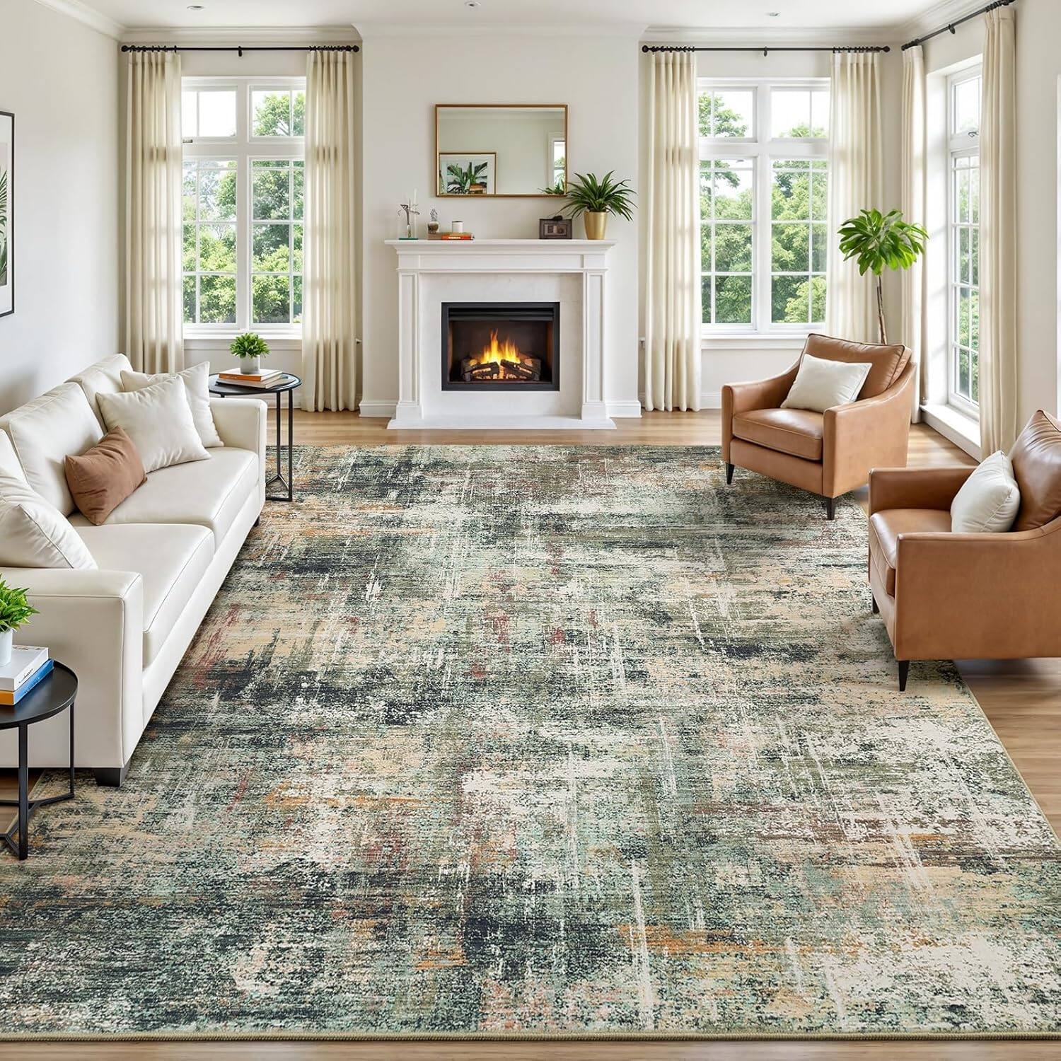 Front. Homhougo - Lofus 8x10 Area Rug for Living Room, Abstract Large Rug with Non Slip Backing, Washable Modern Indoor Carpet - Coffee/Green.