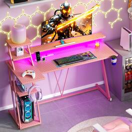 Furnulem - 55 In Gaming Desk with Monitor CPU StandHome Office Desk with Power OutletRGB LED LightsCup Holder Headphone Hook - Pink