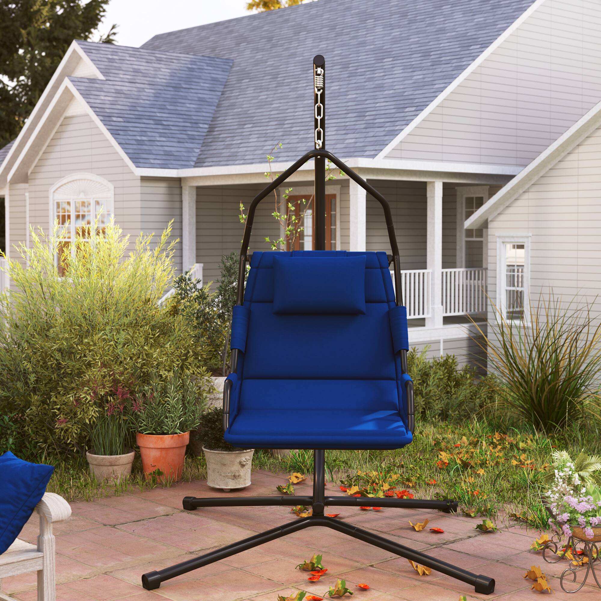 Alt View 1. Outsunny - Chair with Stand and PA Coating Cushion, Hanging Swing Chair with Steel Frame for Indoor and Outdoor - Dark Blue.