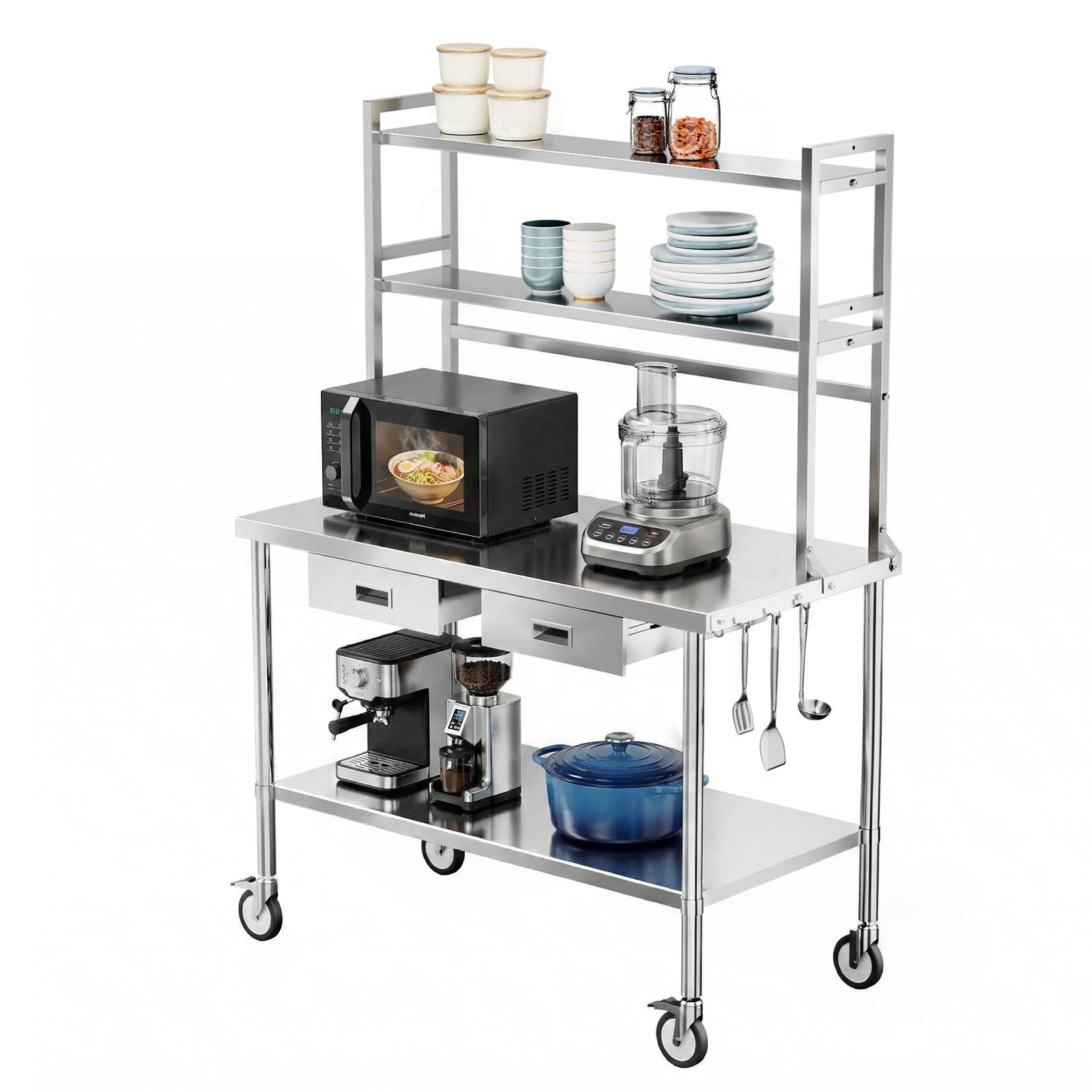 Angle. Winado - 48"L x 24"W Stainless Steel Prep Table Work Table with Drawers, Overshelves, Undershelf, Detachable Hooks for Restaurant - Silver.