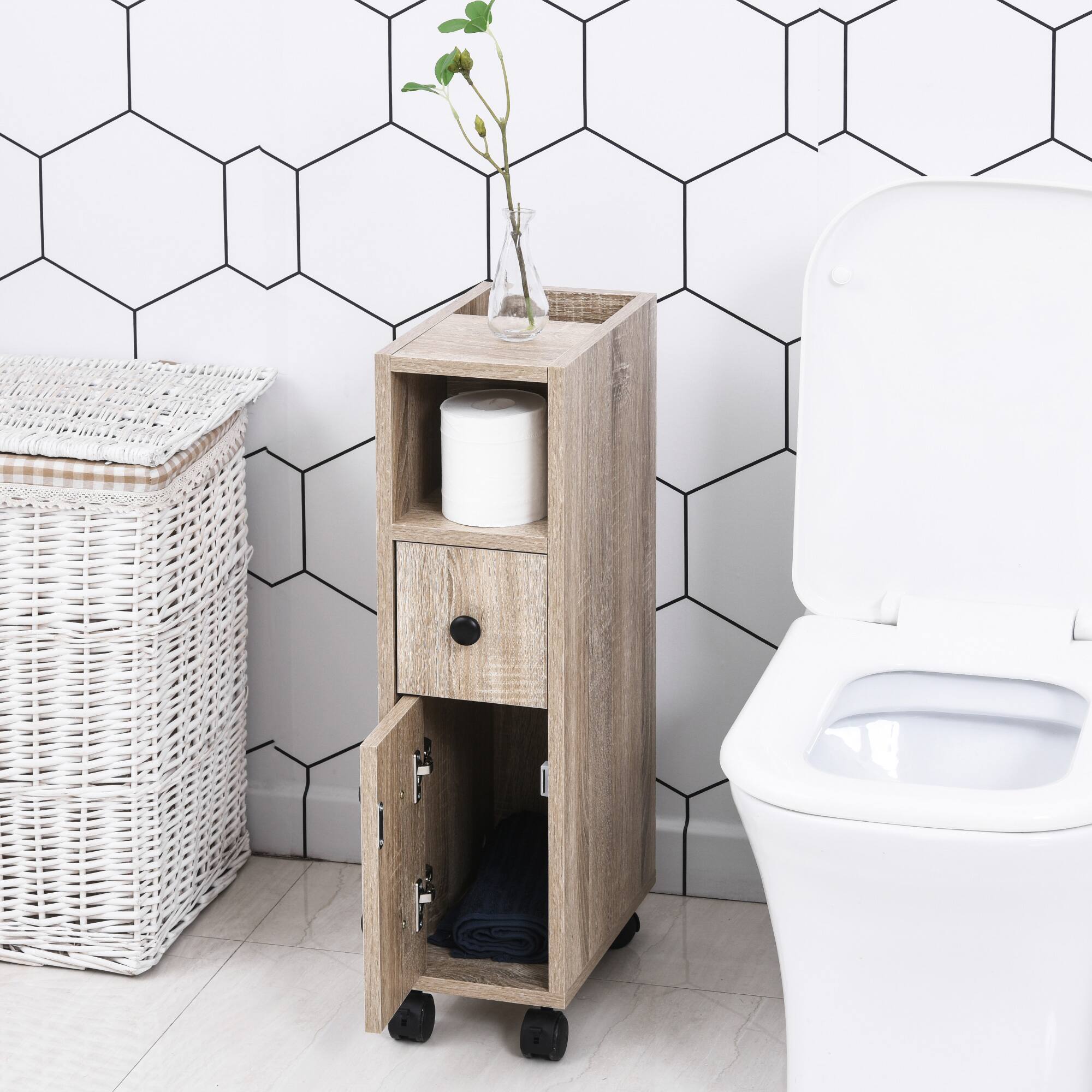 Alt View 1. Kleankin - Compact Design Bathroom Cabinet with 2 Open Cabinets, 1 Door Cabinet - Oak.
