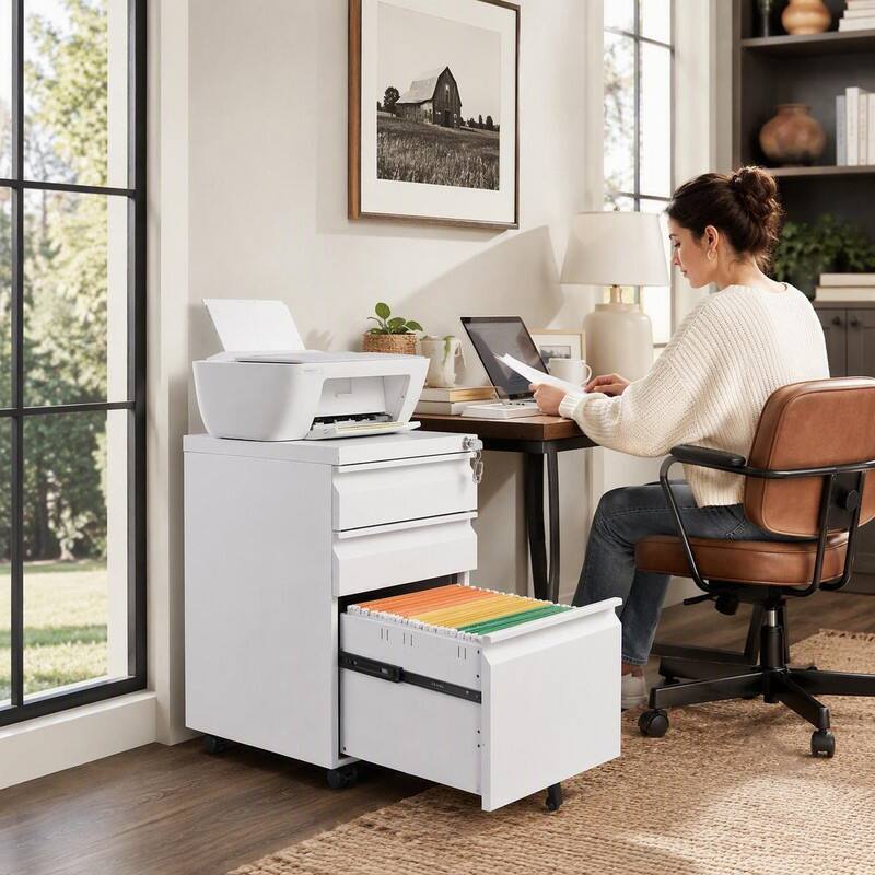 Back. RYHNUYNE - 3-Drawer White Metal Mobile Filing Cabinet-Legal Letter Sized Office Storage Filing Cabinet with Lock - White.