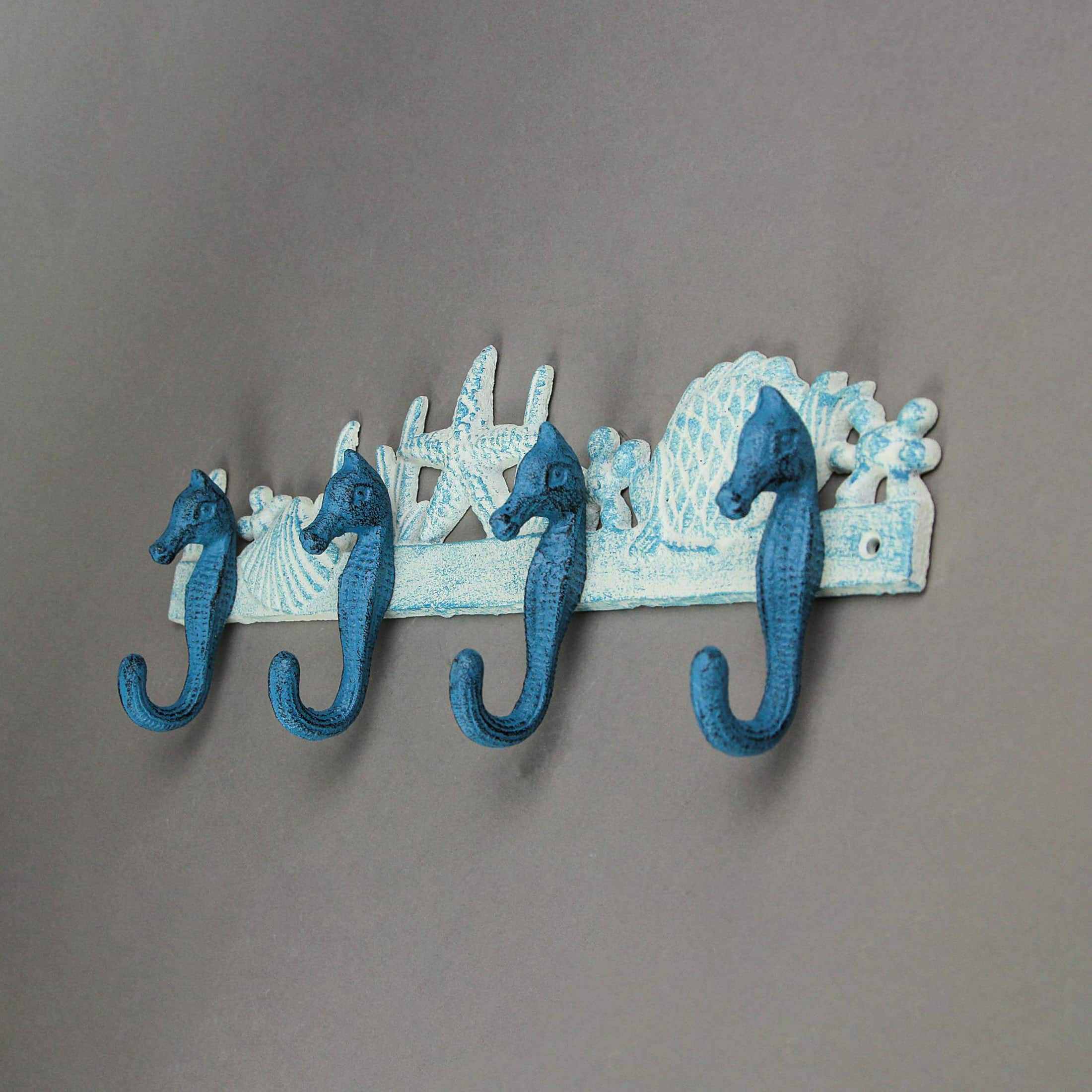 Alt View 1. Zeckos - Cast Iron Coastal Blue and White Seahorse Sea Life Decorative Wall Hook Rack - Multicolored.