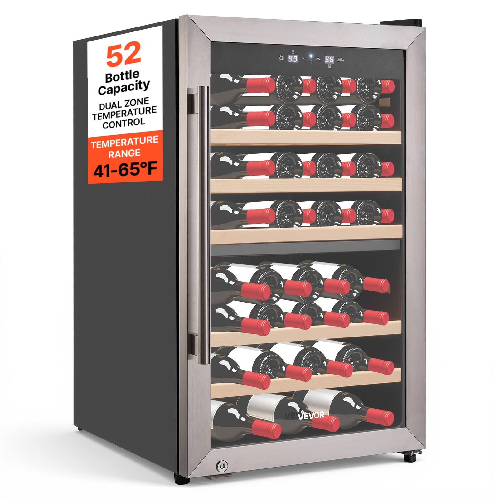 52 Bottle Capacity  
DUAL ZONE TEMPERATURE CONTROL  
TEMPERATURE RANGE 41-65°F  
VEVOR