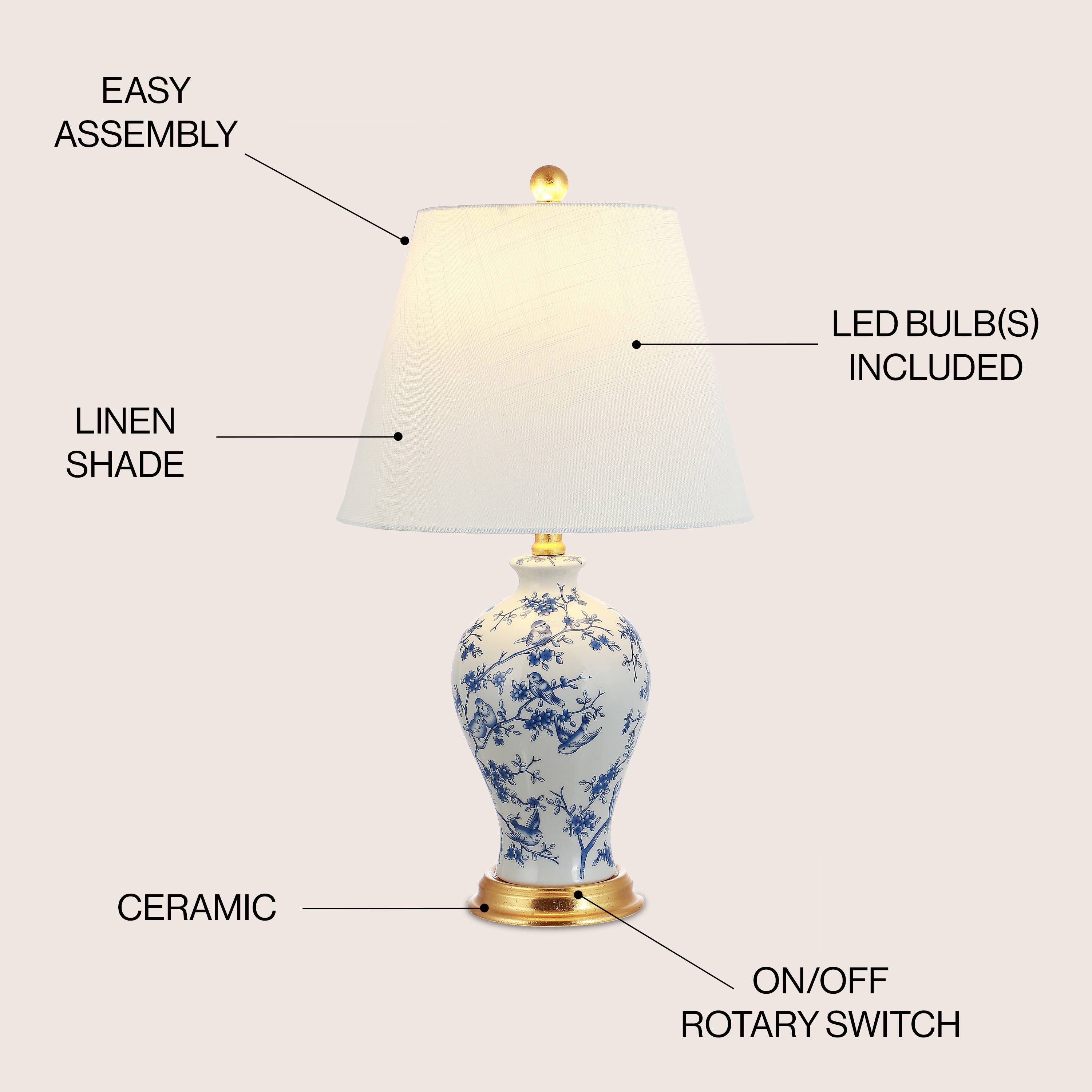 EASY ASSEMBLY  
LINEN SHADE  
LED BULB(S) INCLUDED  
CERAMIC  
ON/OFF ROTARY SWITCH