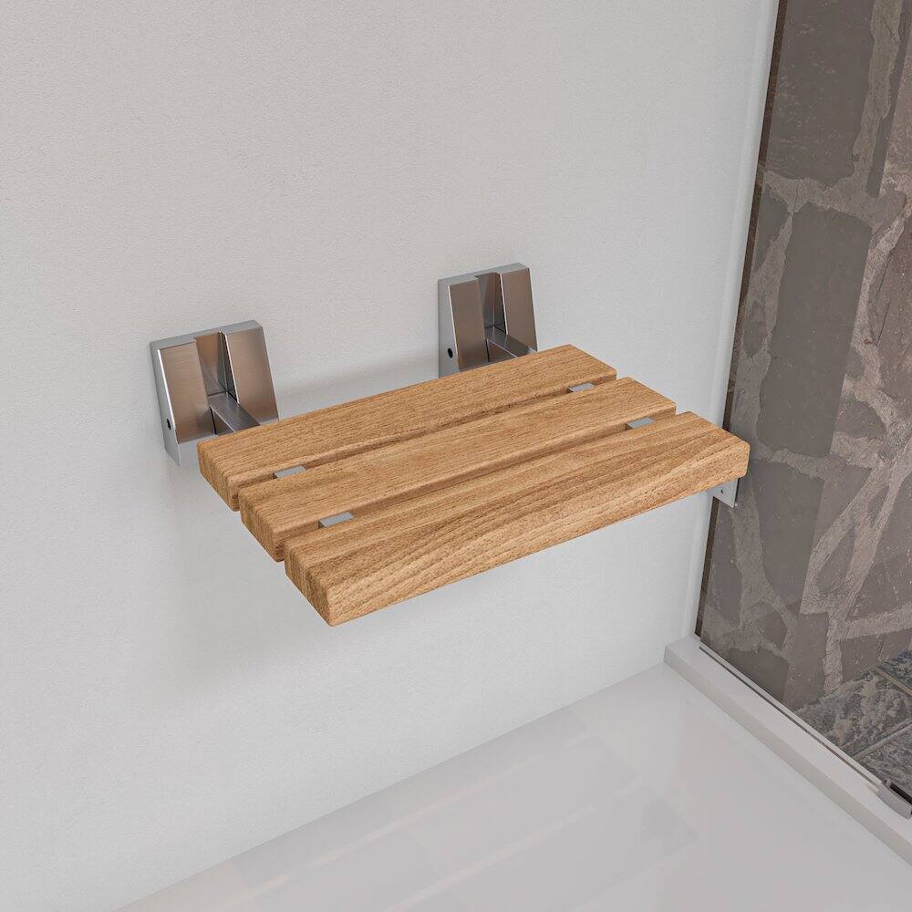 Angle. Alfi - Brushed Nickel 16" Folding Teak Wood Shower Seat Bench - Brown.