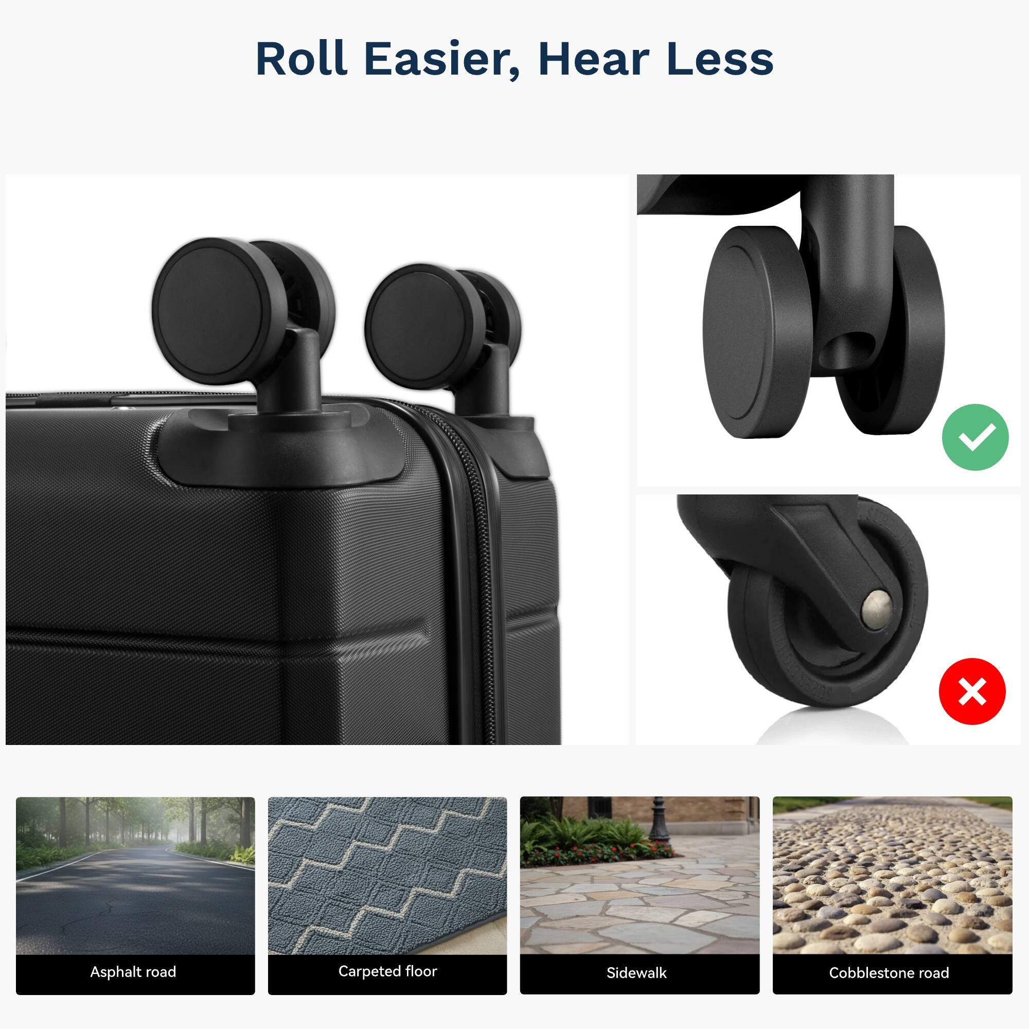 Roll Easier, Hear Less

- Asphalt road
- Carpeted floor
- Sidewalk
- Cobblestone road