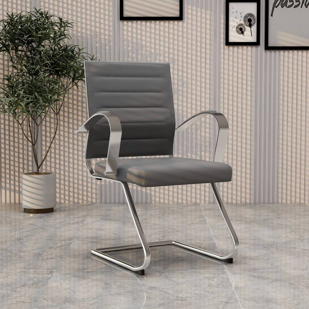 Angle. LeisureMod - Set of 4 Benmar Modern Leather Upholstered Office Desk Chair with Padded Armrests and Chrome Frame for Home or Office - Grey.