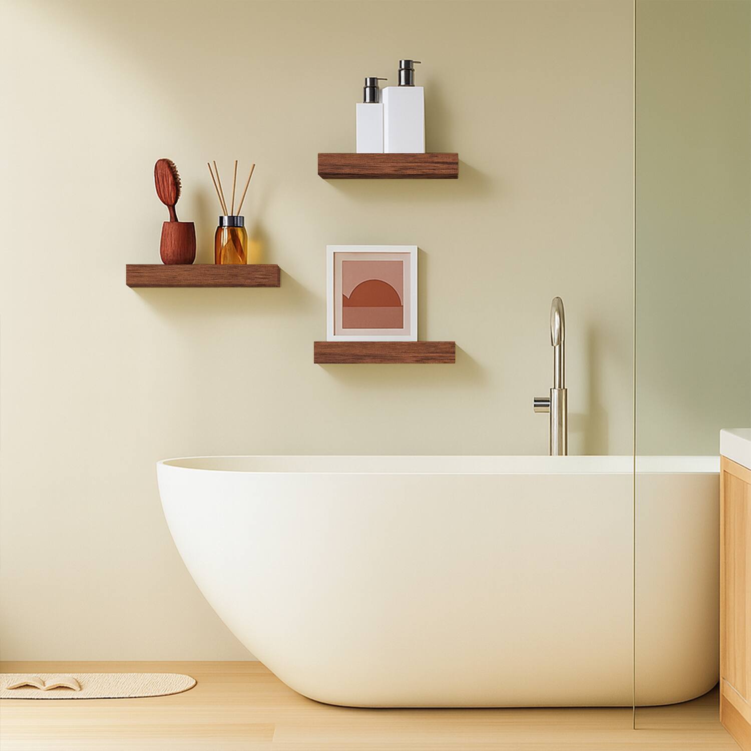 Alt View 3. BOMEDA - Floating Wall Shelves, Wooden Wall Shelf for Room or Bathroom Storage, Over Toilet Wall Organizer, 12x7x1.5 in, 3 Pack - Walnut-like.