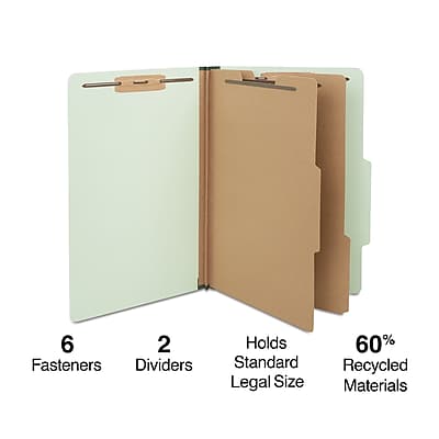 6 Fasteners  
2 Dividers  
Holds Standard Legal Size  
60% Recycled Materials