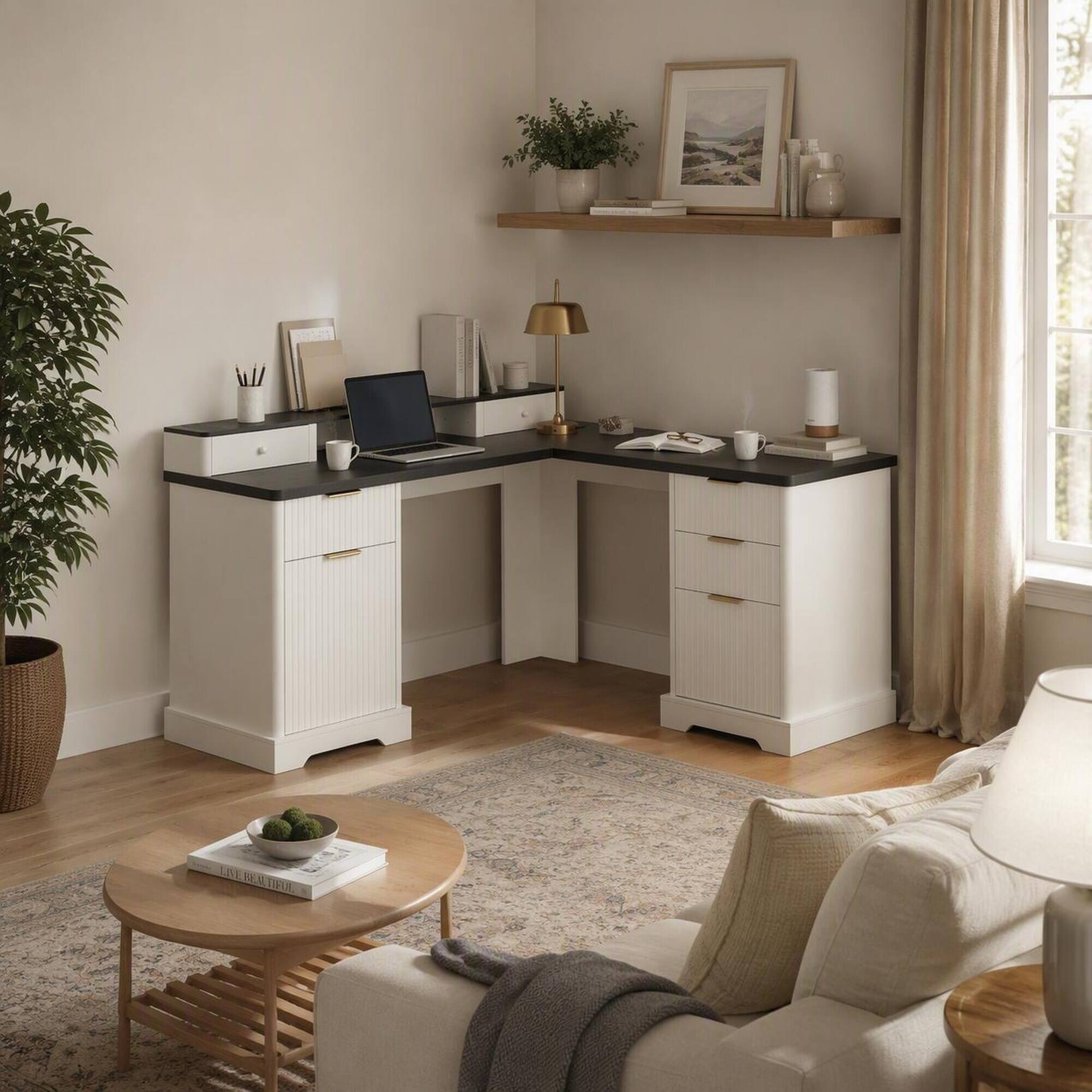 RYHNUYNE Modern Fluted L Shaped Desk, 59.45 MDF with Charging Station ...