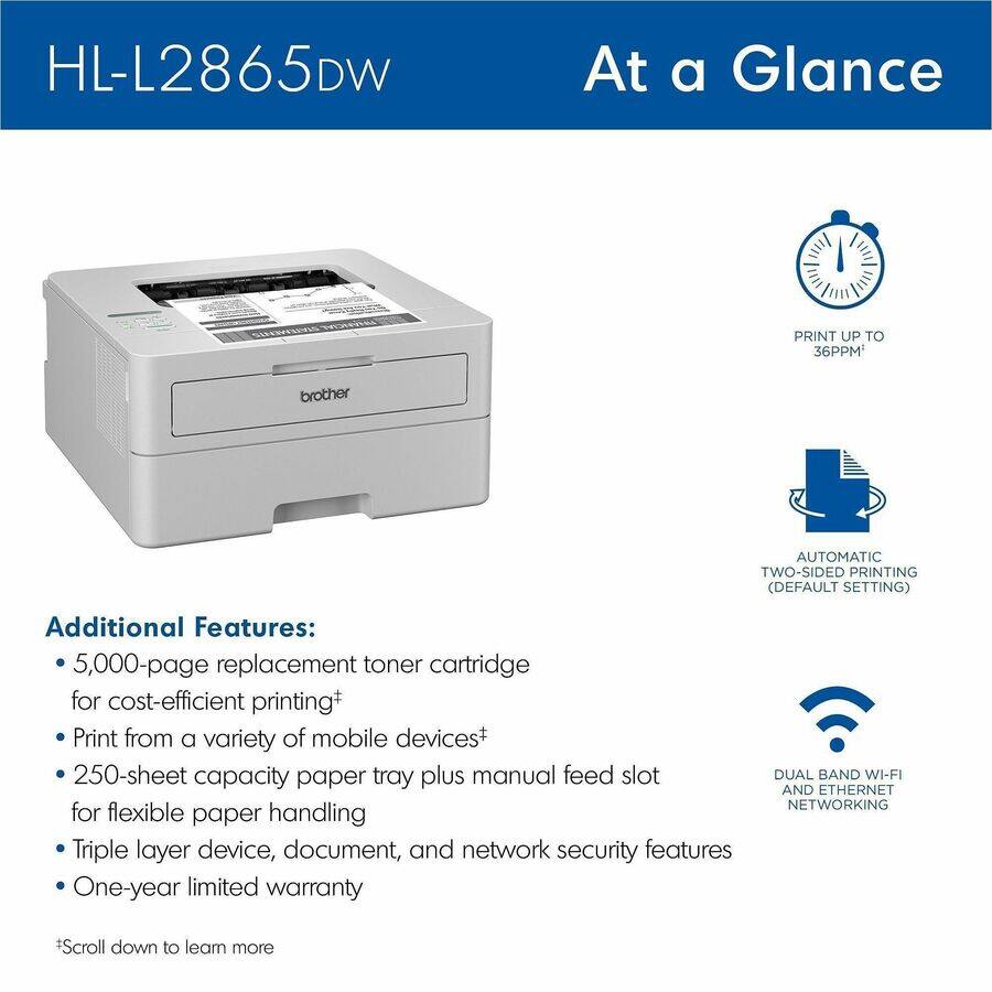 HL-L2865DW

At a Glance

PRINT UP TO 36PPM

brother

AUTOMATIC TWO-SIDED PRINTING (DEFAULT SETTING)

Additional Features:
- 5,000-page replacement toner cartridge for cost-efficient printing*
- Print from a variety of mobile devices*
- 250-sheet capacity paper tray plus manual feed slot for flexible paper handling
- Triple layer device, document, and network security features
- One-year limited warranty

*DUAL BAND WI-FI AND ETHERNET NETWORKING

*Scroll down to learn more