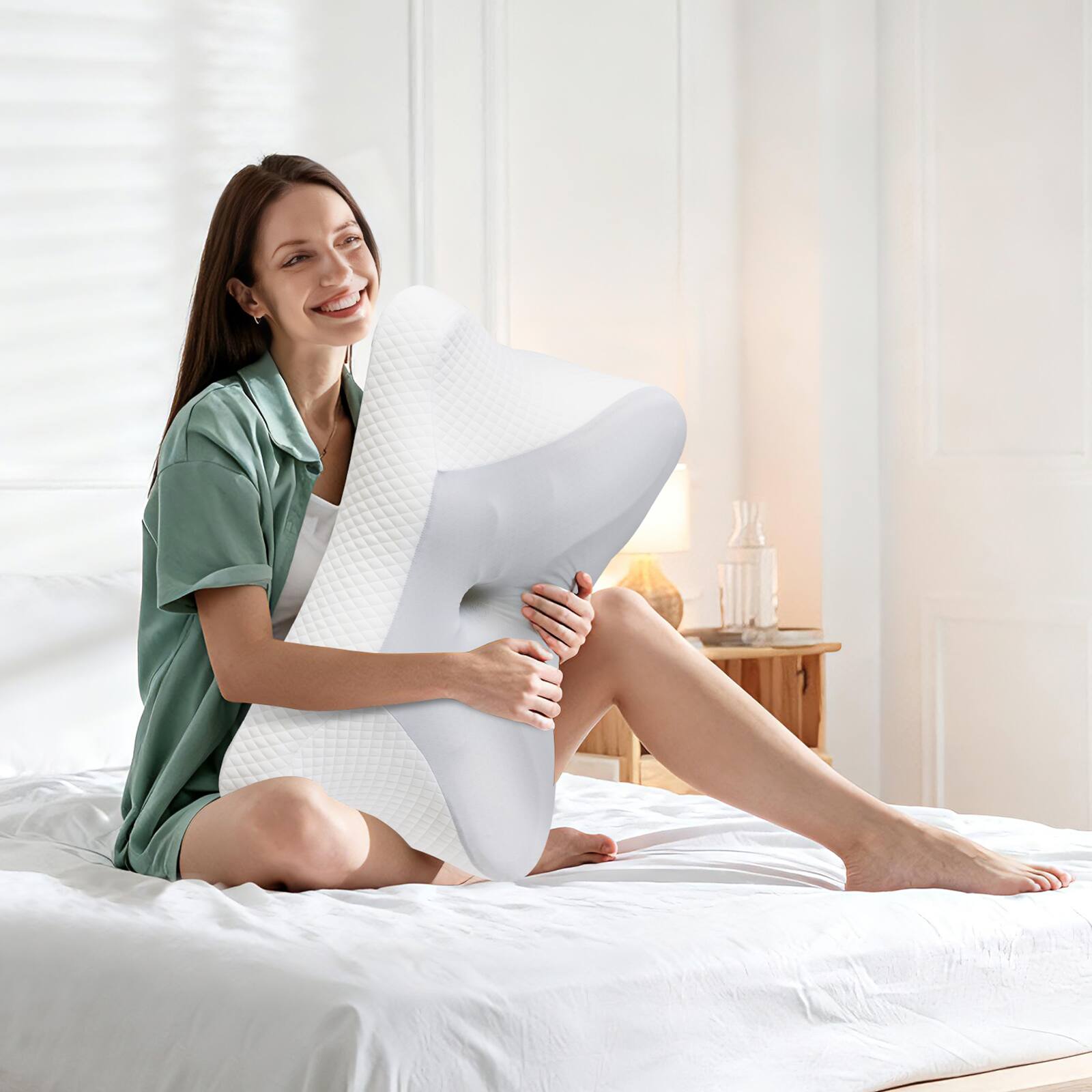 Left. AENKYO - Cervical Neck Pillow  Pain Relief Ergonomic Memory Foam Pillows for Sleeping - Gray.