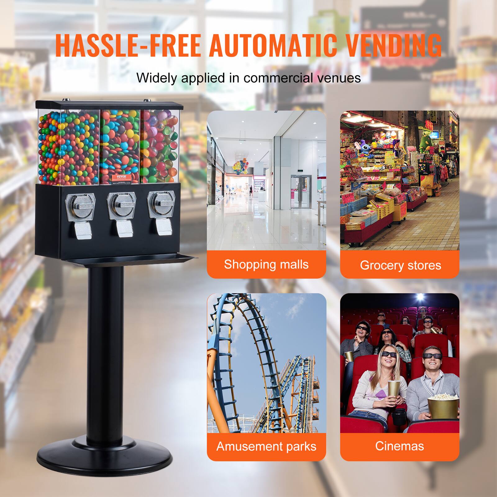 HASSLE-FREE AUTOMATIC VENDING

Widely applied in commercial venues

- Shopping malls
- Grocery stores
- Amusement parks
- Cinemas