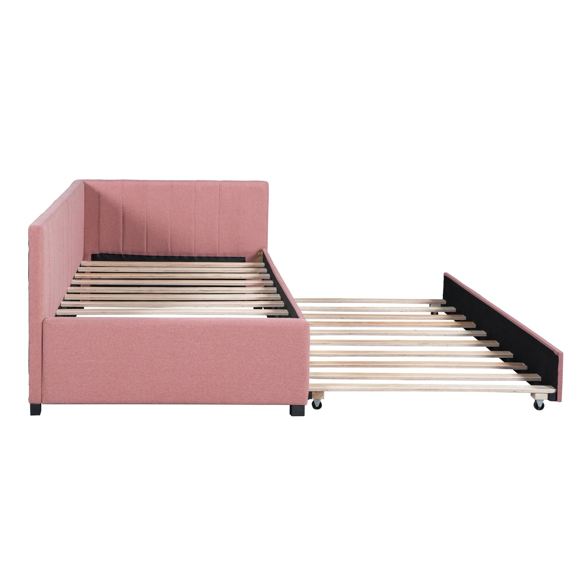Alt View 2. Tiramisubest - Upholstered Daybed with Trundle Twin Size Sofa Bed Frame No Box Spring Needed, Linen Fabric(Pink) - Pink.