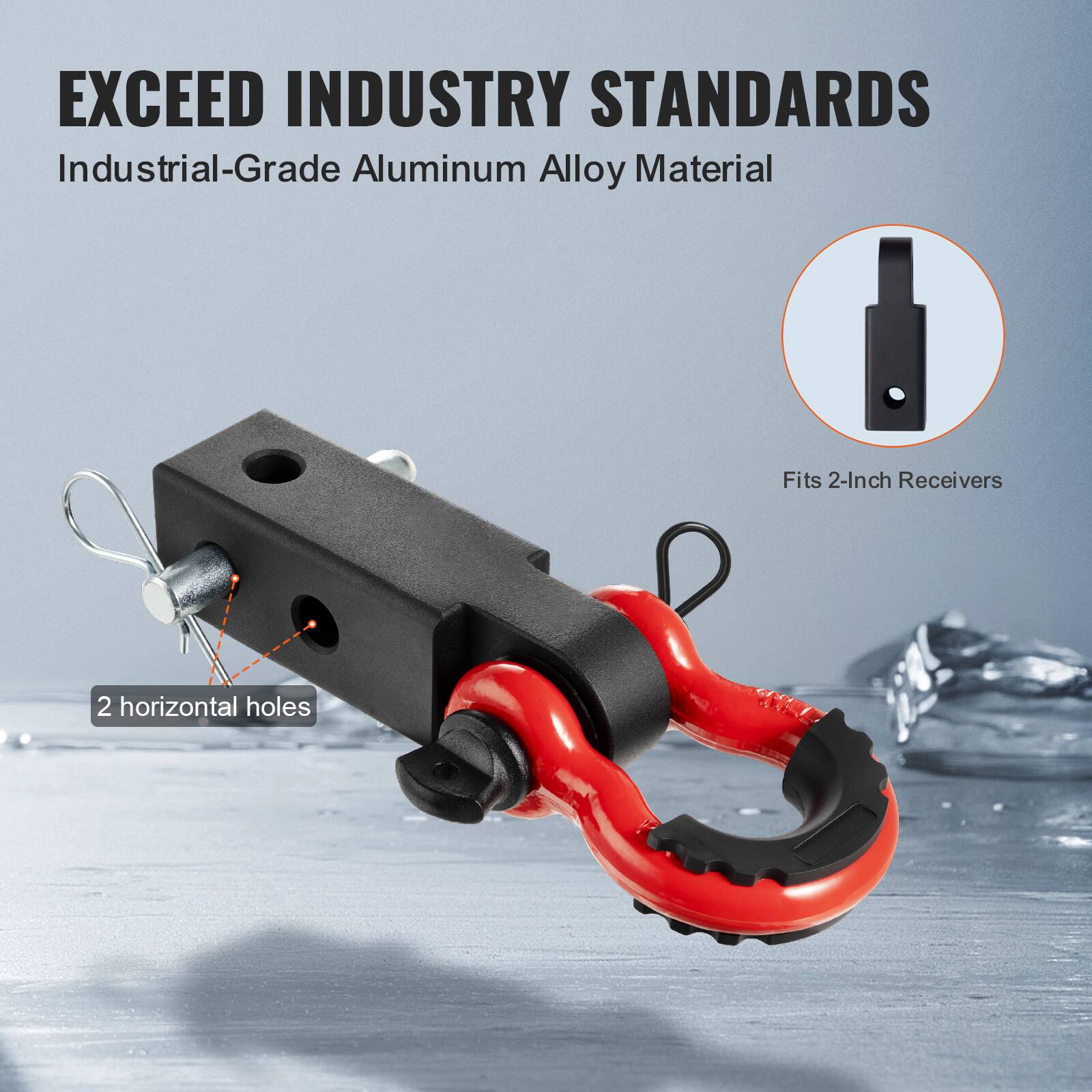 EXCEED INDUSTRY STANDARDS  
Industrial-Grade Aluminum Alloy Material  

Fits 2-Inch Receivers  

2 horizontal holes