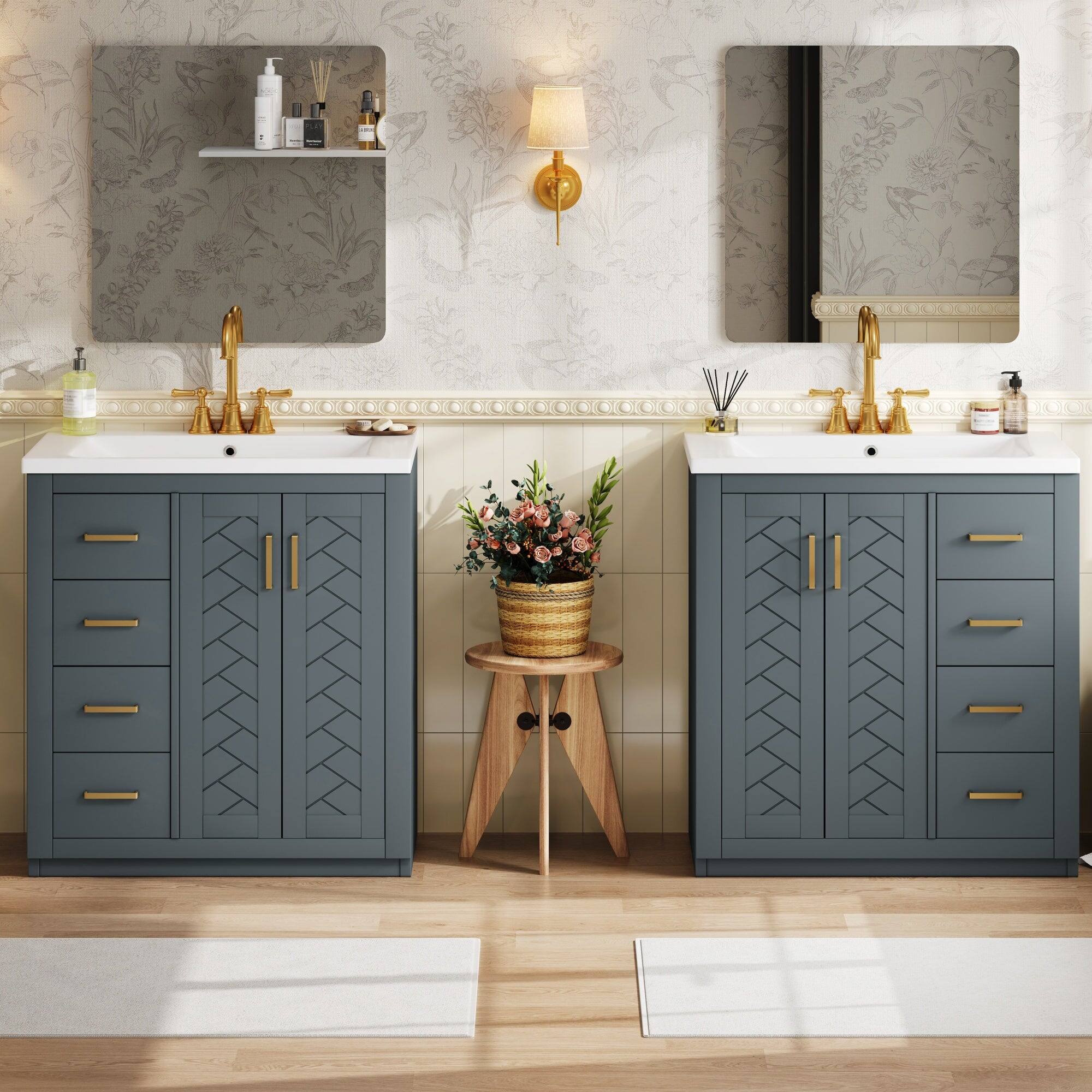 Alt View 4. Boyel Living - 24 Inch Freestanding Bathroom Vanity with Ceramic Sink Three Drawers Solid Wood Frame Blue - Blue.
