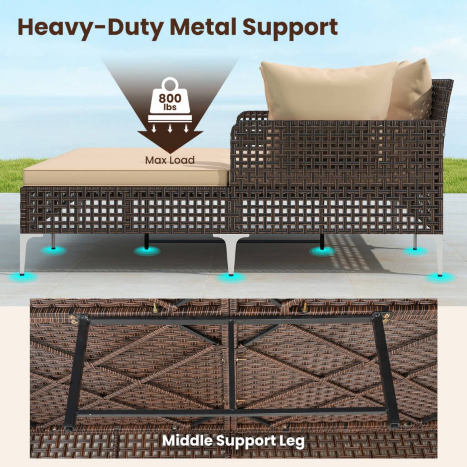Heavy-Duty Metal Support  
800 lbs Max Load  
Middle Support Leg
