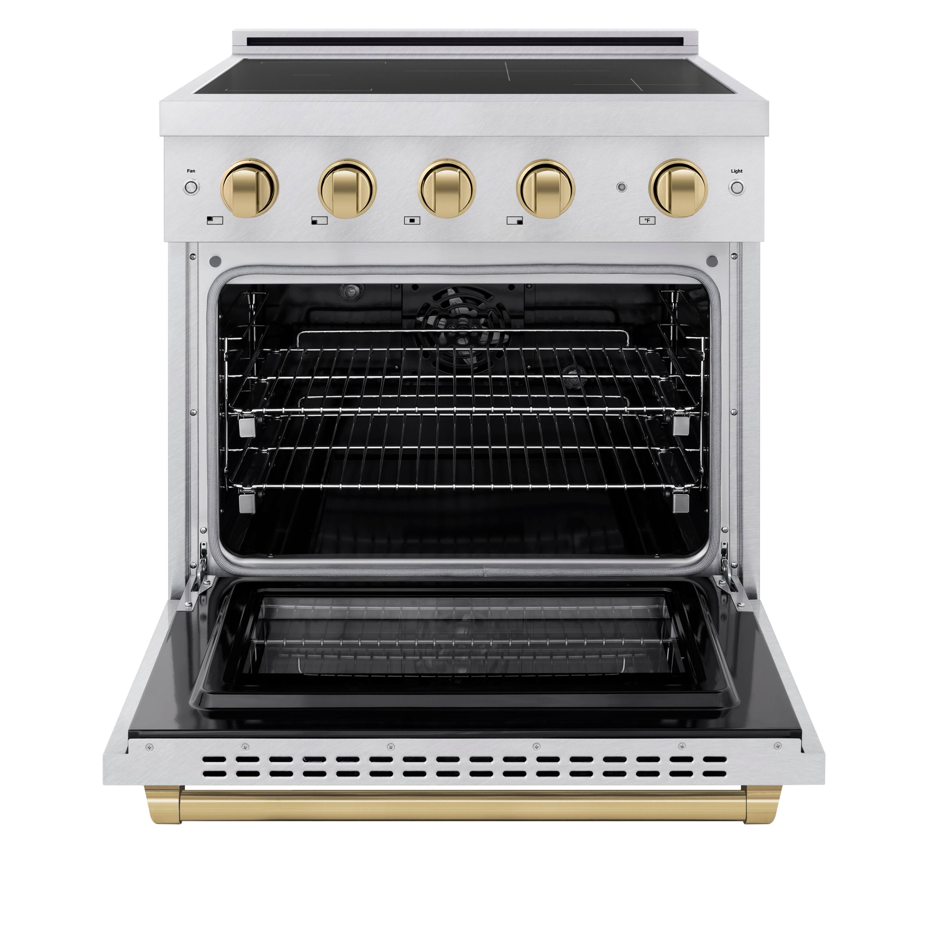 Angle. ZLINE - Autograph 30 in. 4.2 cu. ft. Paramount Freestanding Induction Range with 4 Burners in Satin Steel with Bronze Accents - Satin Stainless Steel.