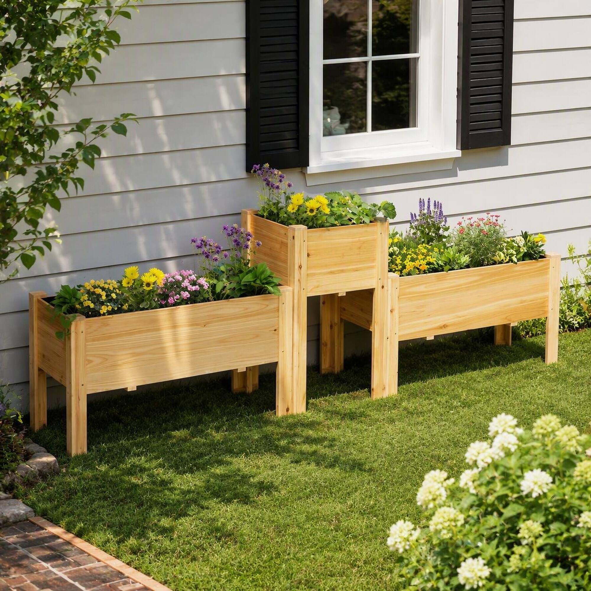 Angle. RYHNUYNE - 3-Piece Wooden Raised Garden Bed Set with Legs and Liner for Vegetables Herbs Flowers in Backyard Patio, Natural - Natural Wood.