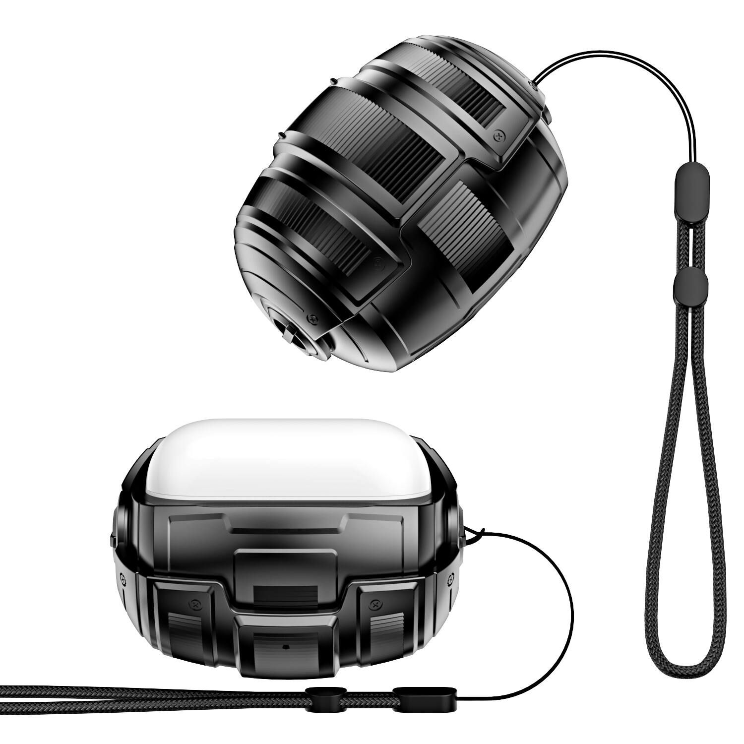 Angle. Dteck - Rugged Shockproof Case for Airpods Pro 3rd Gen (2025) with Lanyard, Full Body Protective Cover, Secure Magnetic Lock - Black.