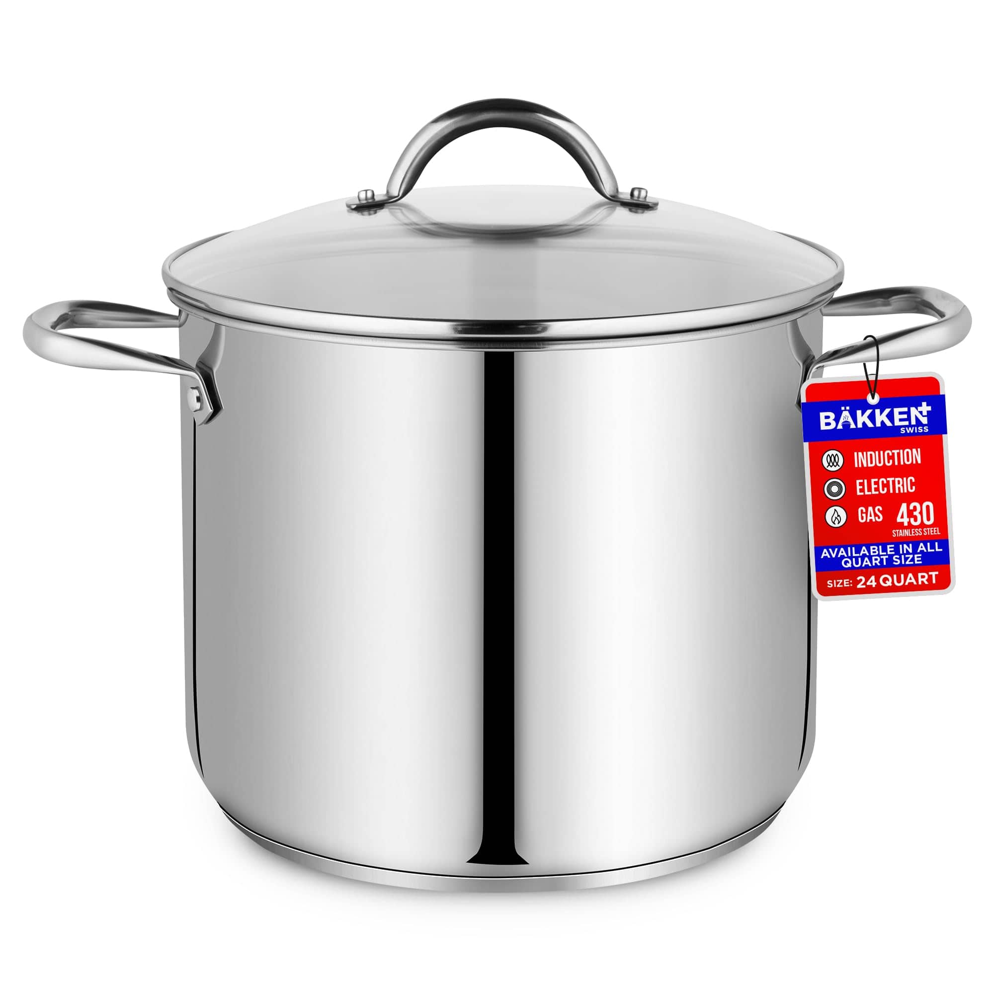 Bakken- Swiss - Bakken-Swiss Deluxe 24-Quart Stainless Steel Stockpot w/Tempered Glass See-Through Lid - Simmering Delicious Soups Stews - Silver