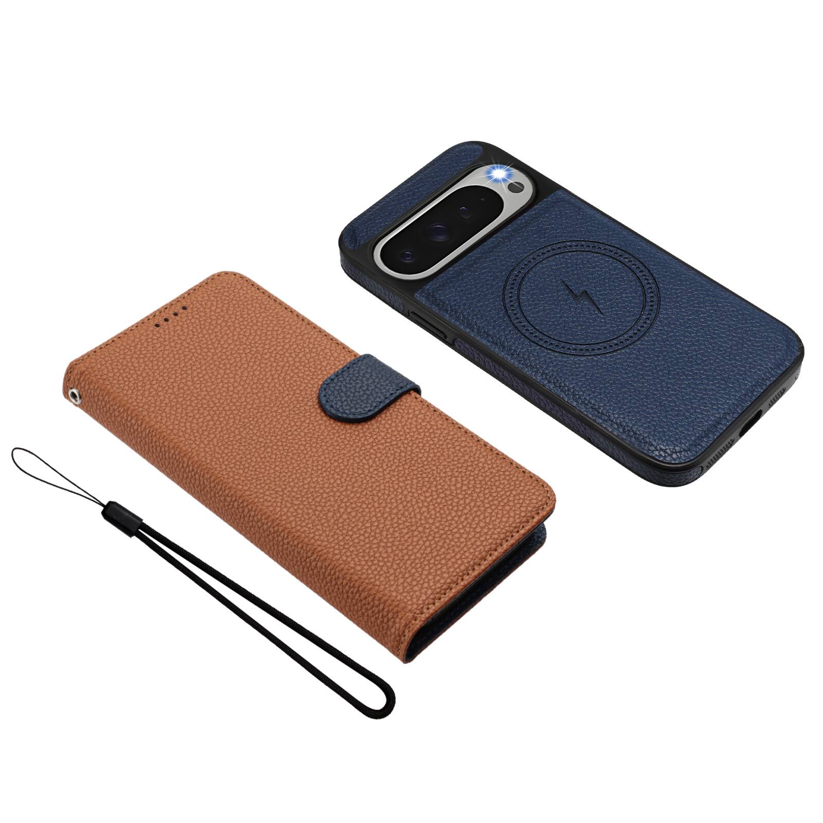 Alt View 4. Dteck - Magnetic Detachable Wallet Case for Google Pixel 10 Pro XL,PU Leather Card Holder Flip Cover with Wrist Strap - Brown.